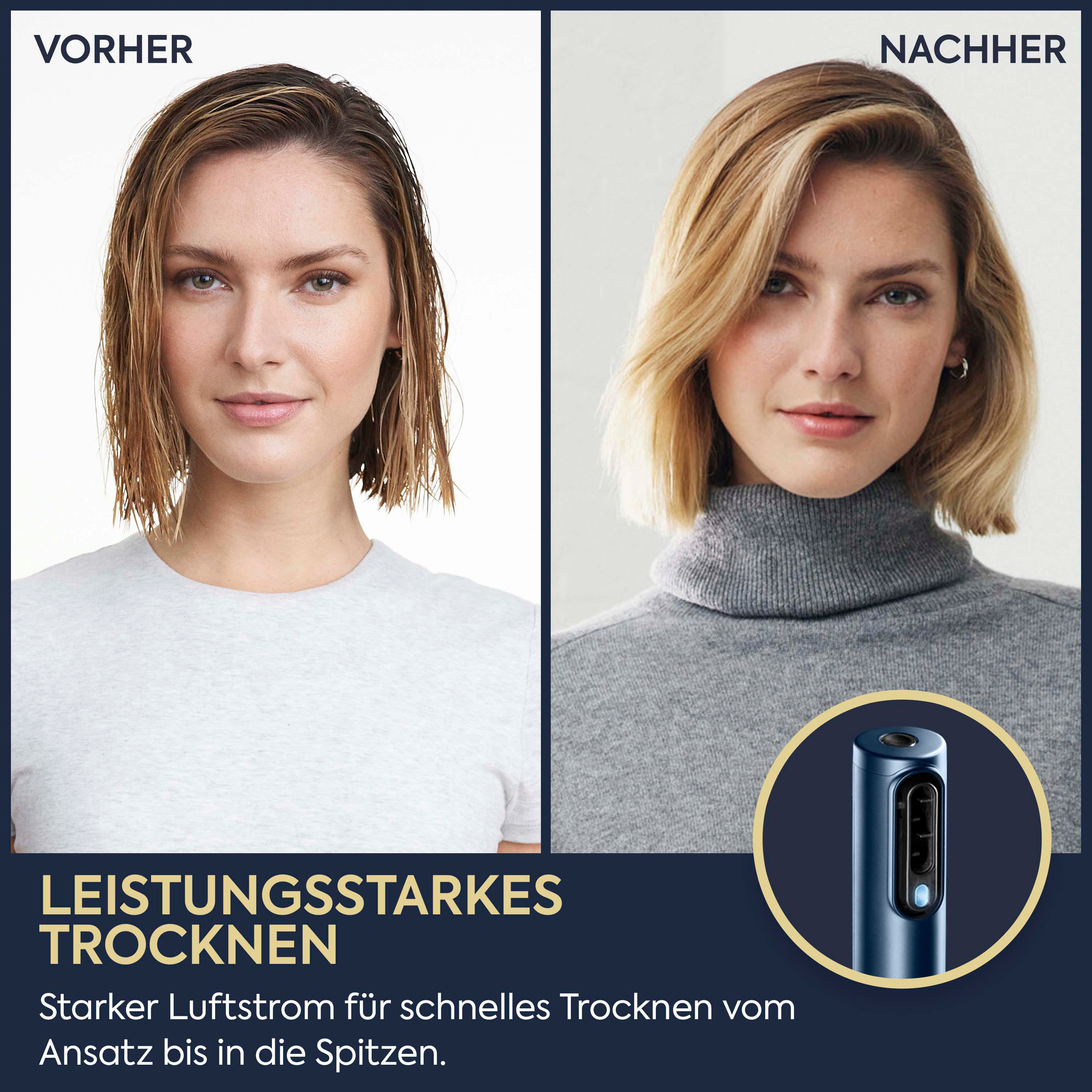 Vergleichsbild: Frau mit nassem Haar (Vorher) und trockenem, gestyltem Haar (Nachher) nach Verwendung eines Haartrockners.