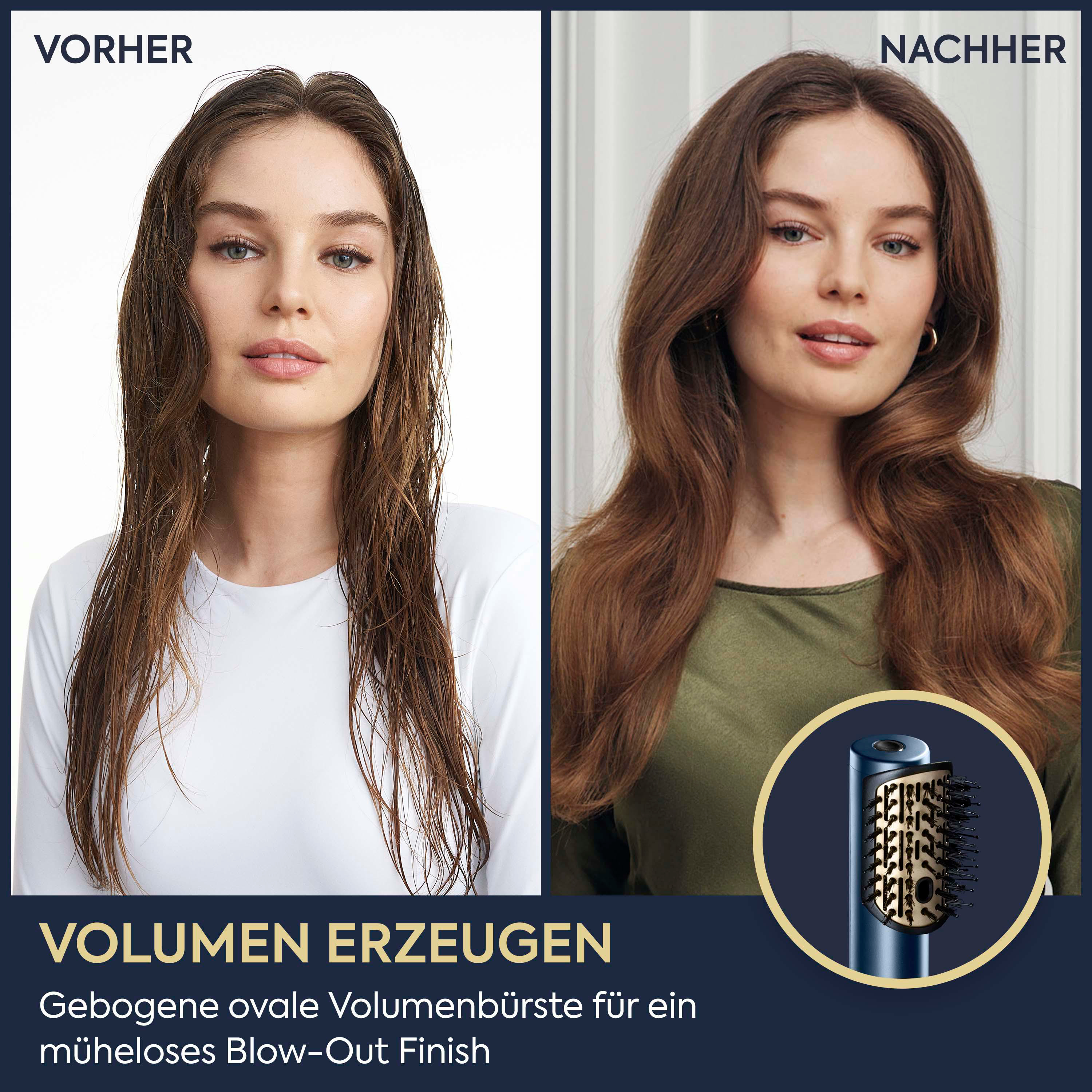 Vorher-Nachher-Vergleich: Frau mit nassem Haar links und gestyltem, voluminösem Haar rechts neben einer Bürste.