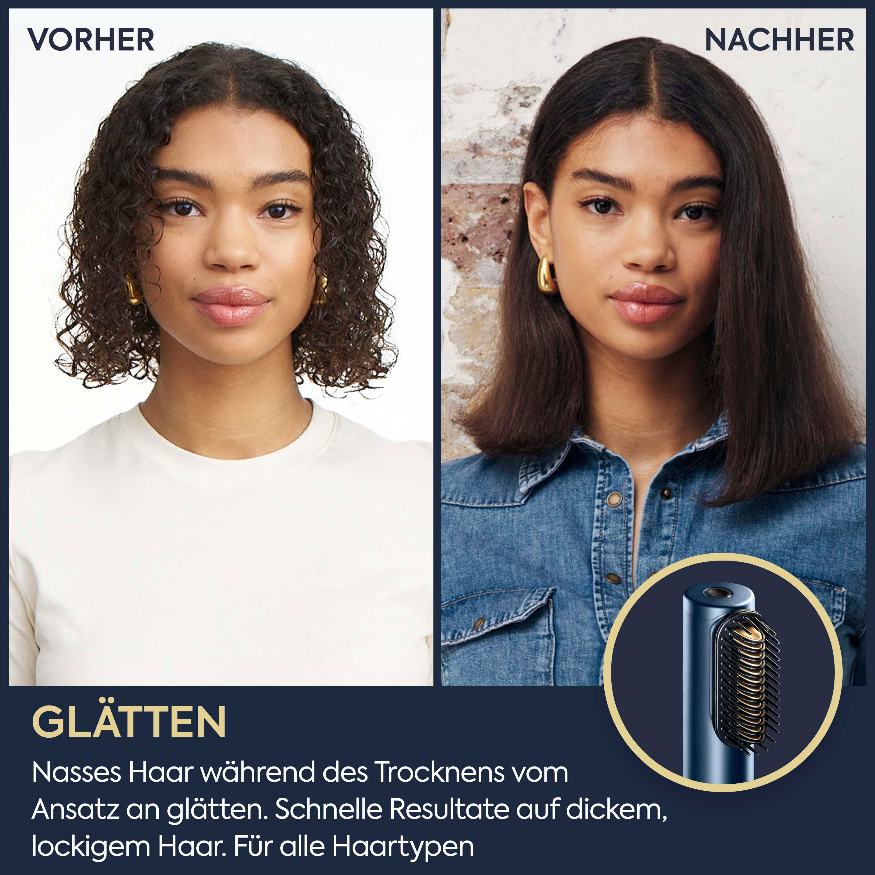 Vorher-Nachher-Vergleich einer Frau mit lockigem und glattem Haar, daneben ein Haarglättungsaufsatz.