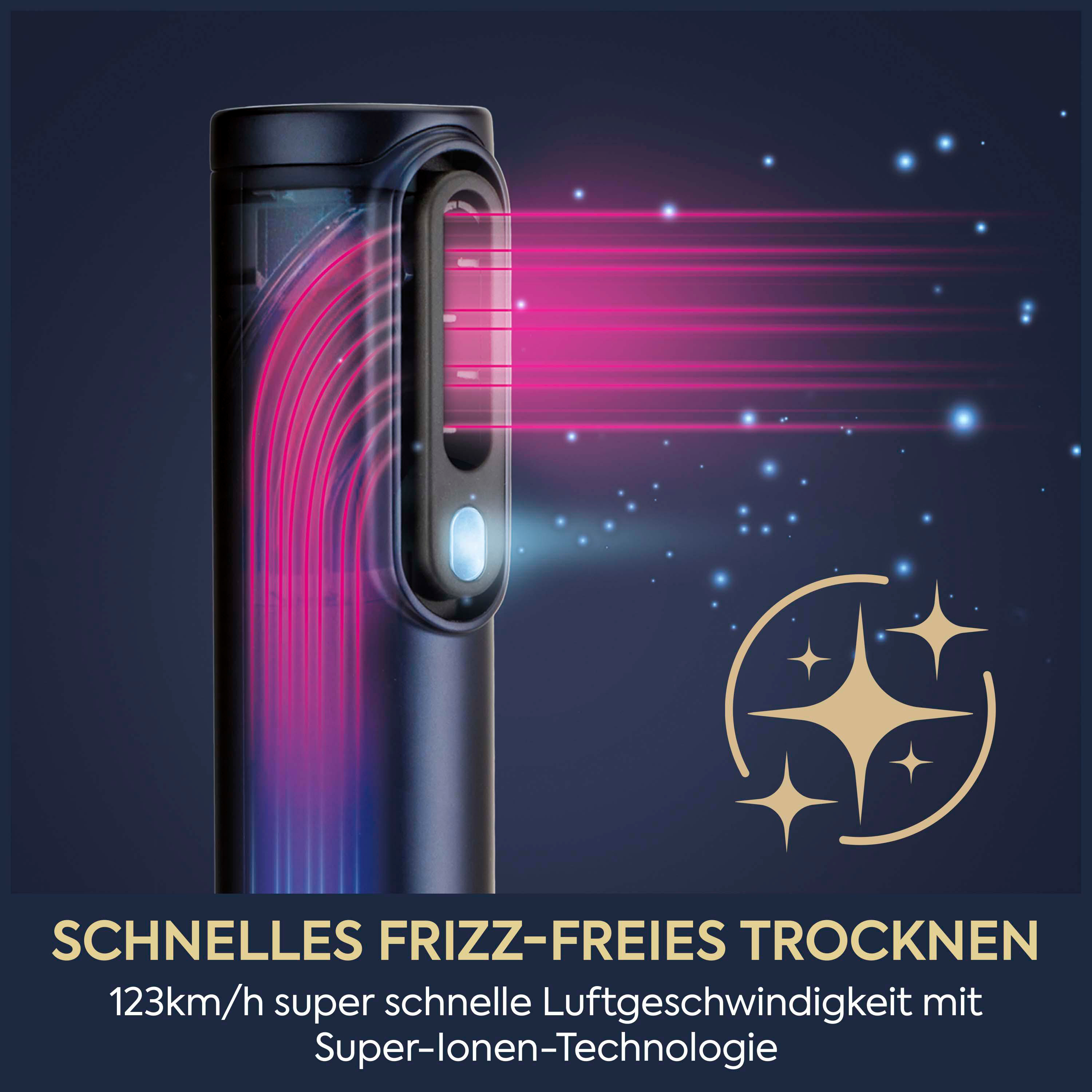 Blaue Haarstyling-Gerät mit roten Lichtstrahlen, Funken und dem Text 'Schnelles Frizz-freies Trocknen'.