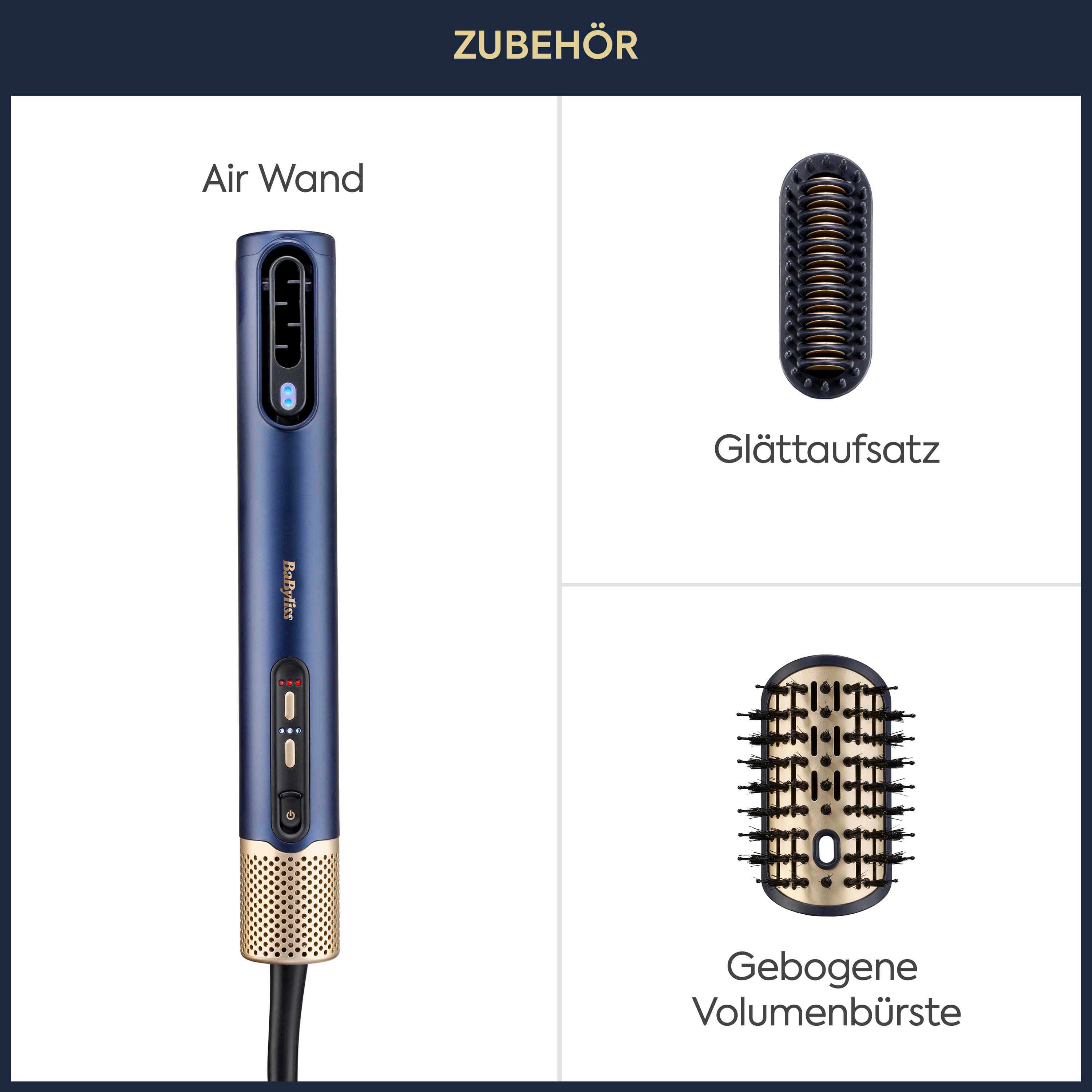 Blaue BaByliss Air Wand mit Glättaufsatz und gebogener Volumenbürste.