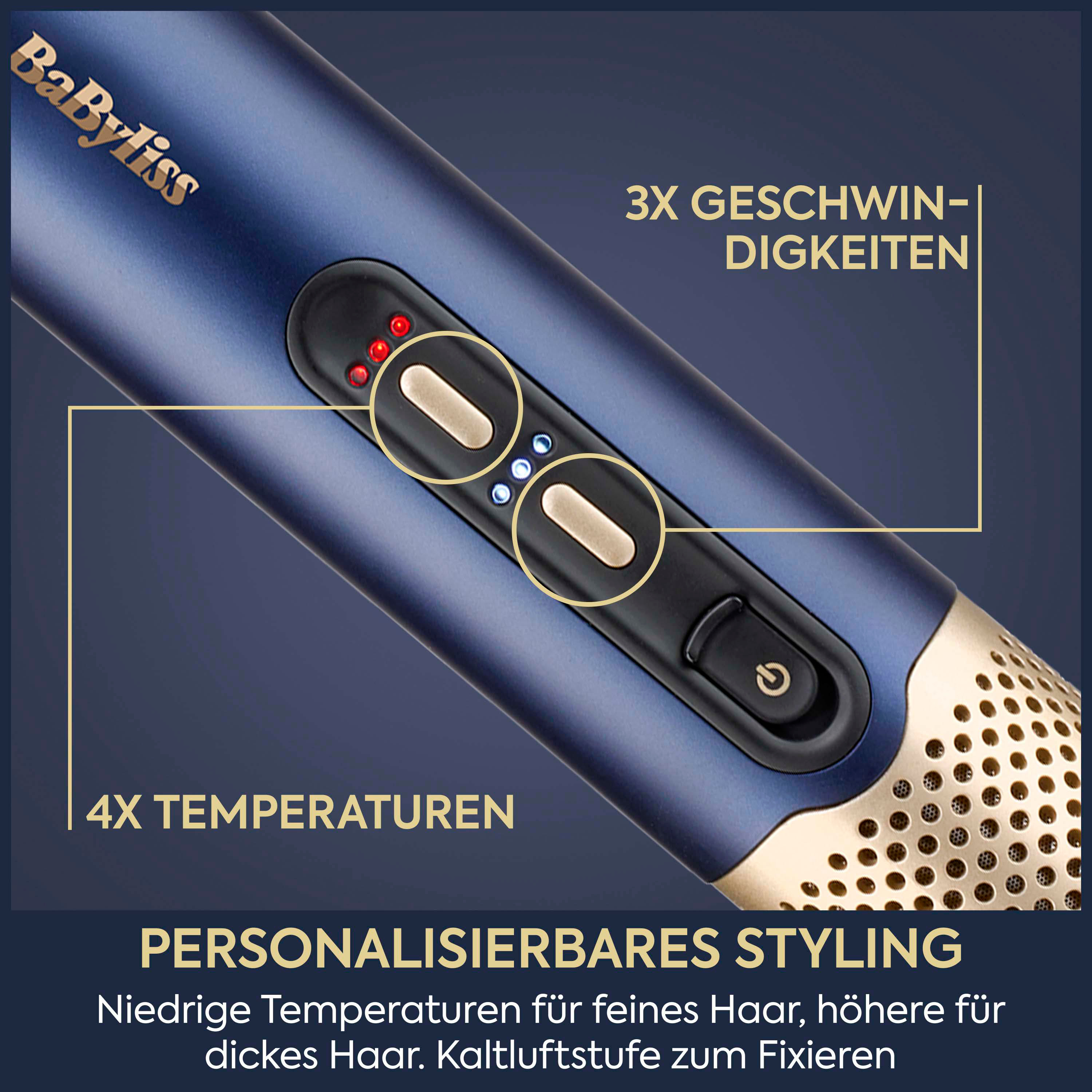 Babyliss Haartrockner Griff mit Bedienelementen für 4 Temperaturen und 3 Geschwindigkeiten sowie LED-Anzeigen.