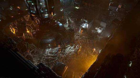 Dunkle, sci-fi Fabrik im Untergrund mit Maschinen und Arbeitern.