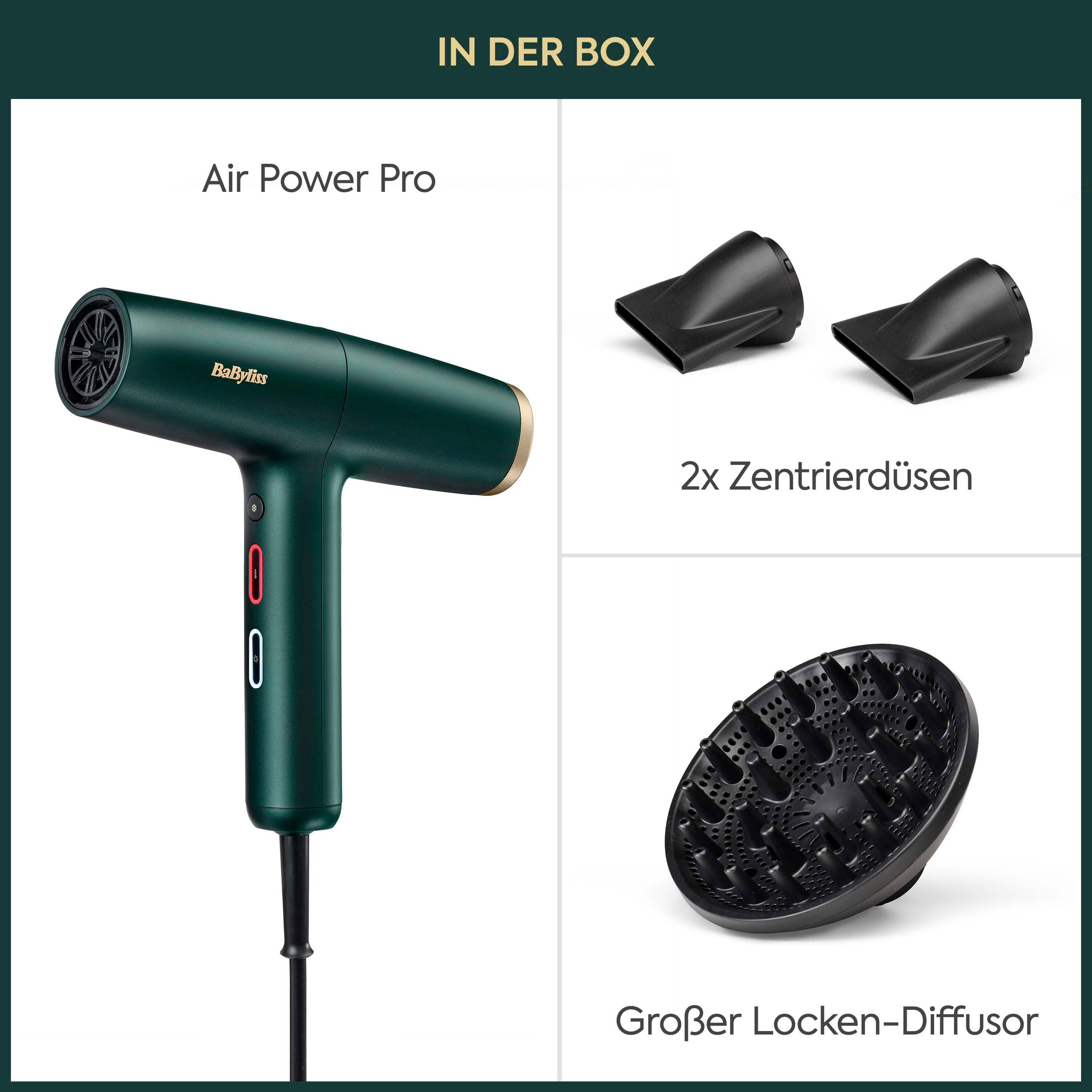 Grüner BaByliss Air Power Pro Haartrockner mit zwei Zentrierdüsen und einem Locken-Diffusor.
