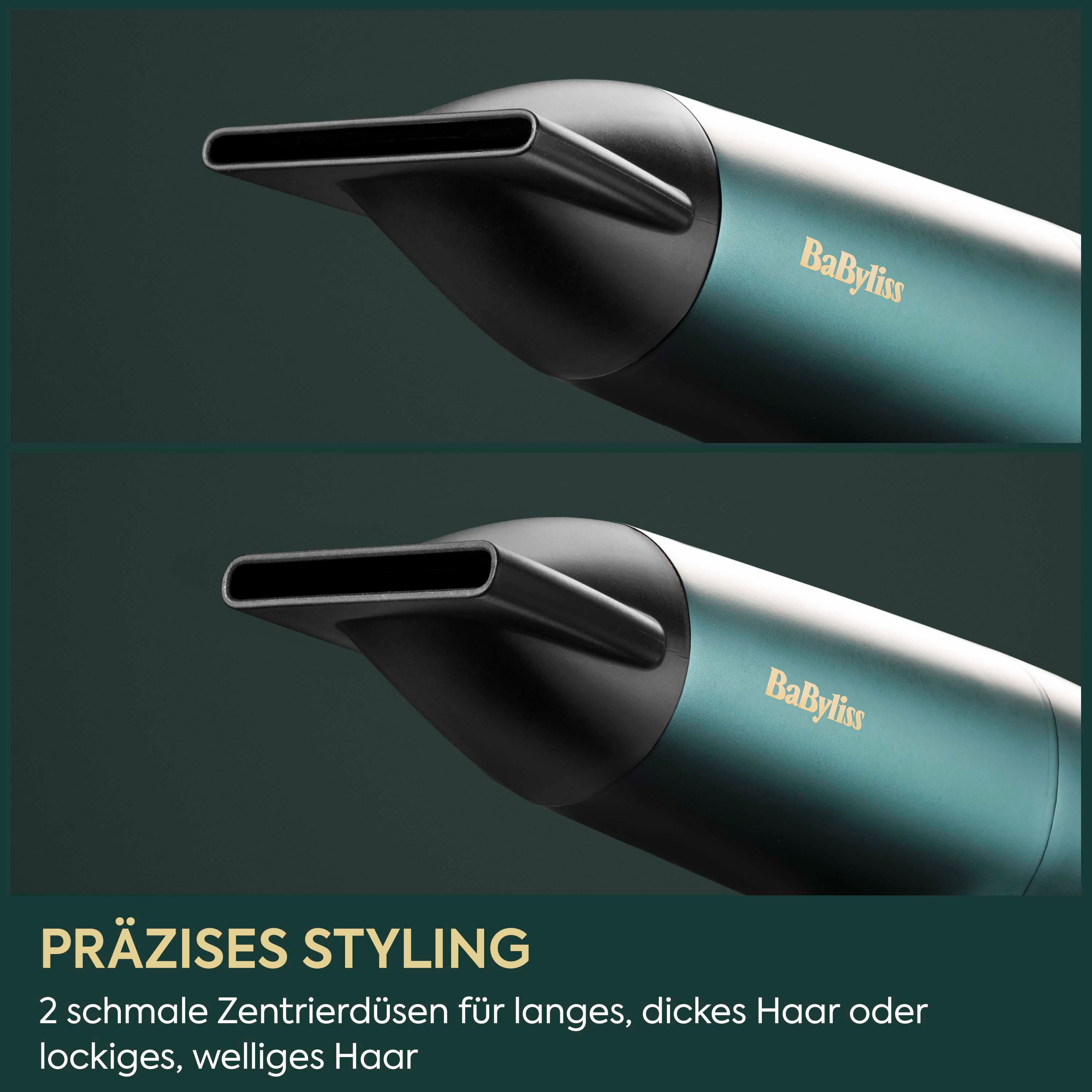 Zwei schmale BaByliss Zentrierdüsen für präzises Styling bei dickem oder lockigem Haar.