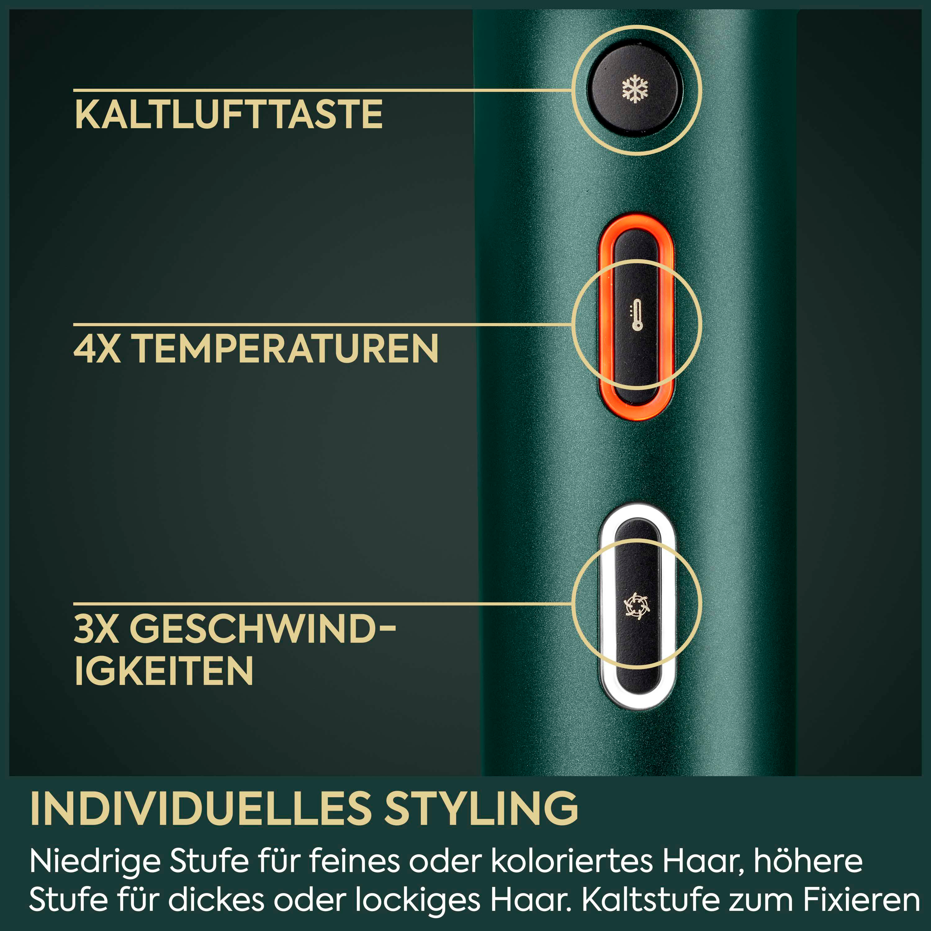 Grüner Haartrockner mit Tasten für Kaltluft, 4 Temperaturen und 3 Geschwindigkeiten.
