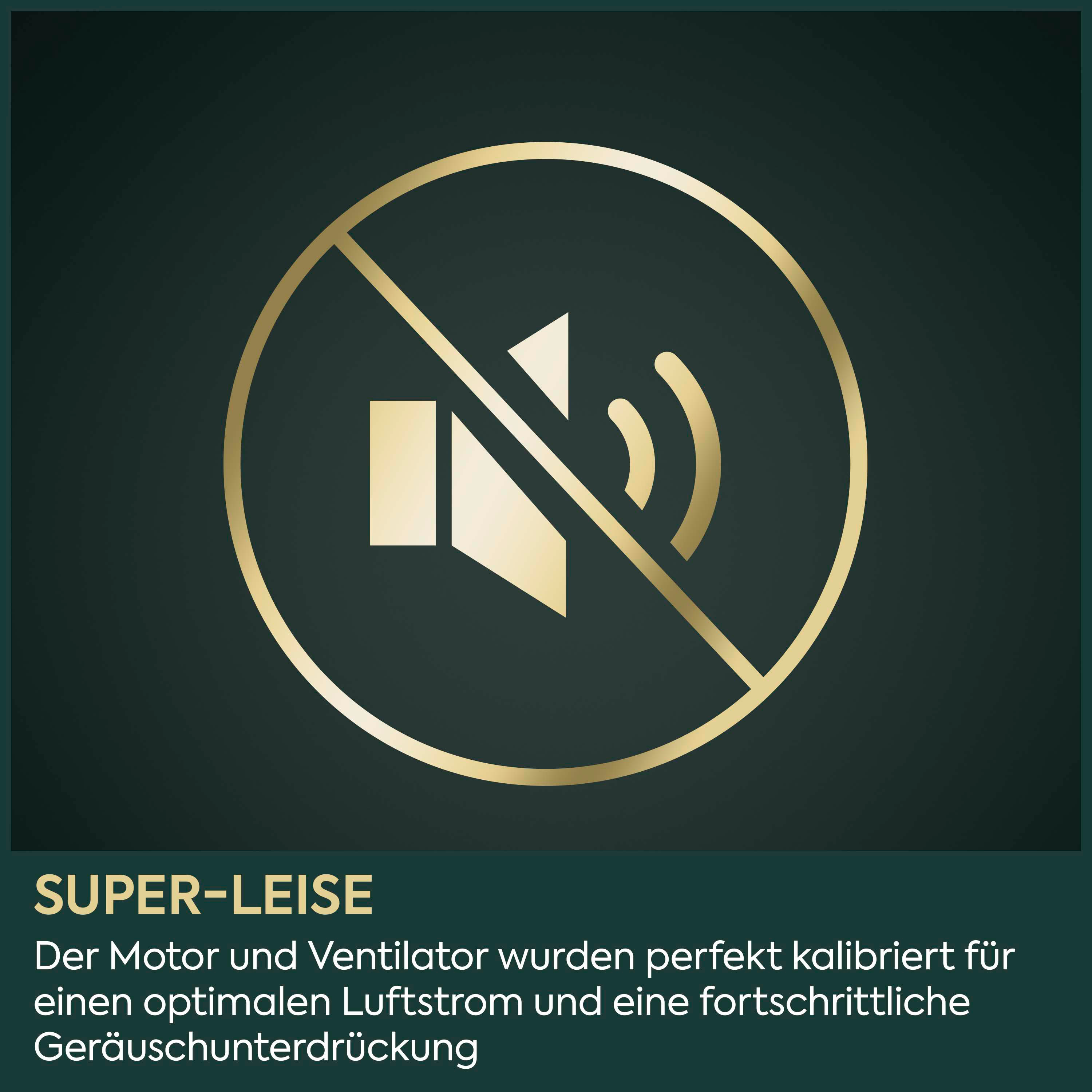 Ein goldenes Symbol mit einem durchgestrichenen Lautsprecher vor dunklem Hintergrund, darunter Text zu Super-Leise.