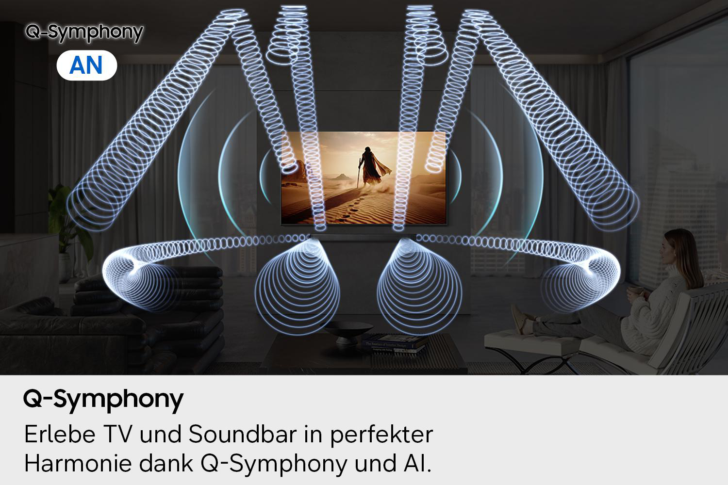 Wellenförmige Klangeffekte visualisieren Q-Symphony von TV und Soundbar im Wohnzimmer.