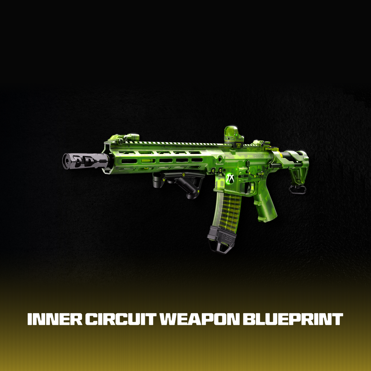 Plano de arma con carcasa verde y cañón negro sobre fondo negro.
