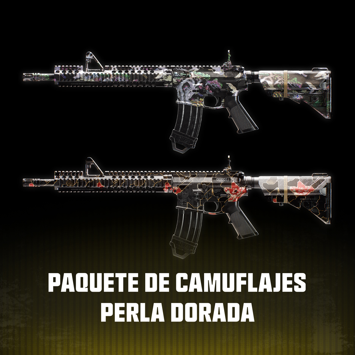 Dos rifles de asalto con intrincados patrones de inspiración japonesa sobre fondo negro y texto.