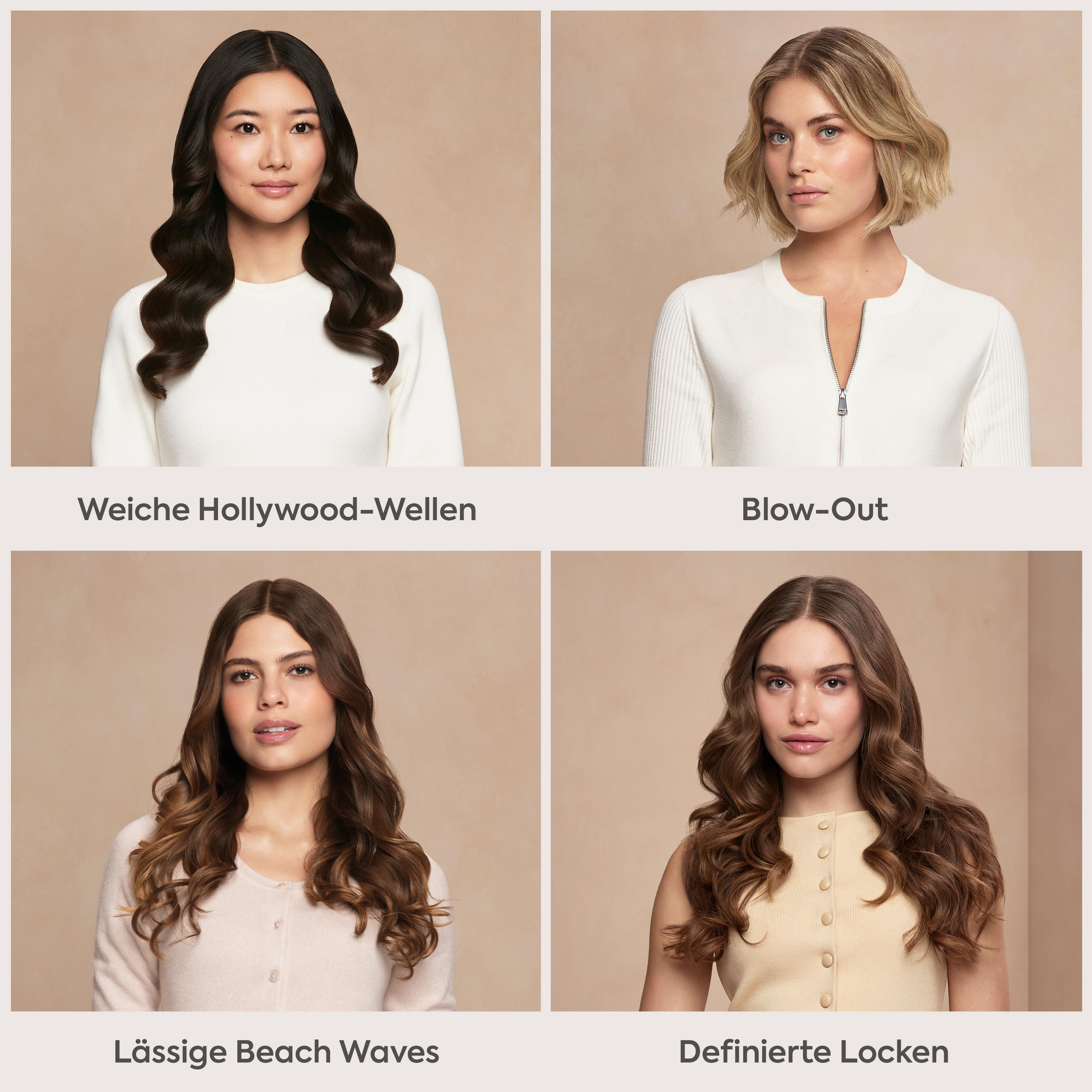 Vier Frauen mit unterschiedlichen Frisuren wie Hollywood-Wellen und Beach Waves vor beigem Hintergrund.