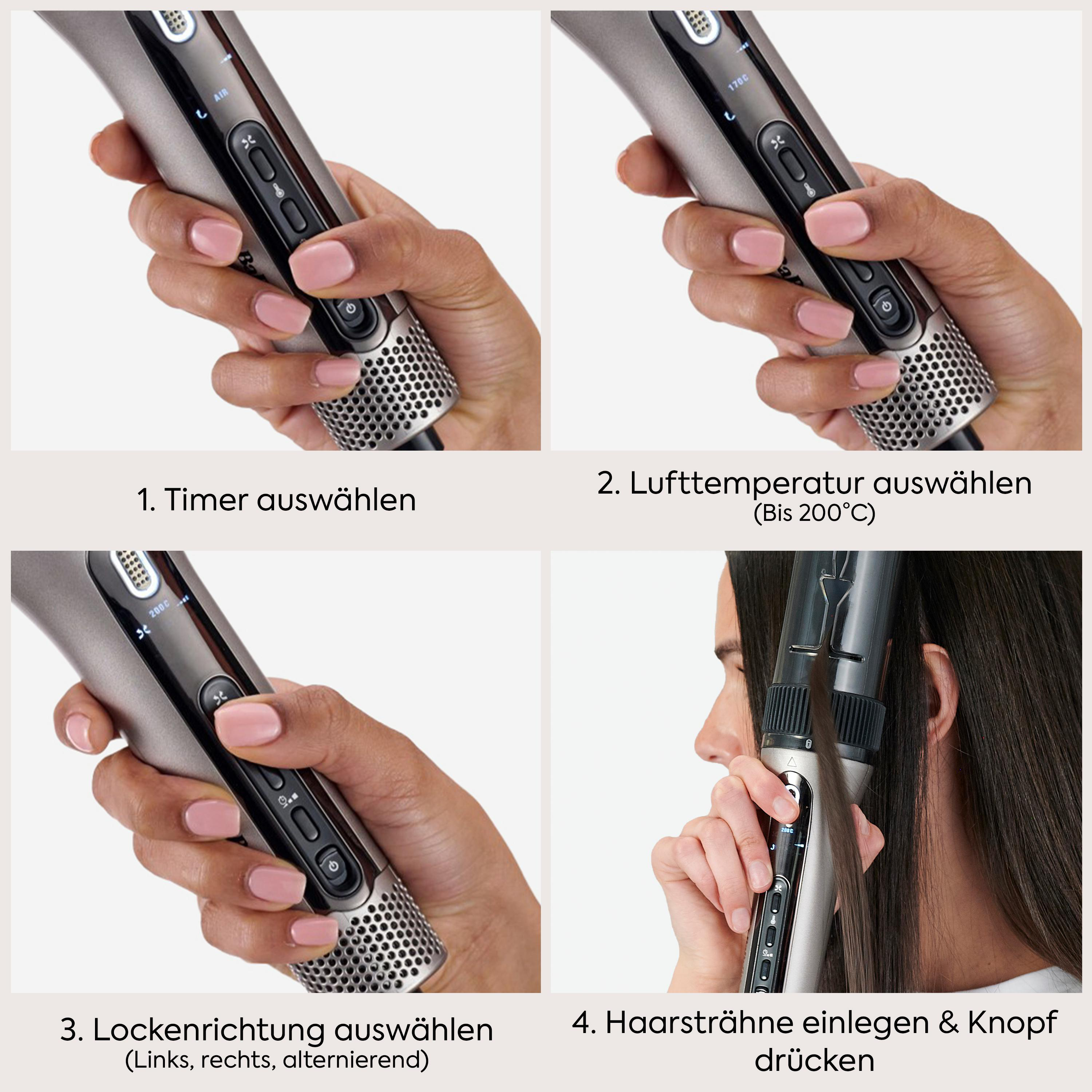 Vier Schritt-für-Schritt-Bilder zur Anwendung eines automatischen Lockenstabes.