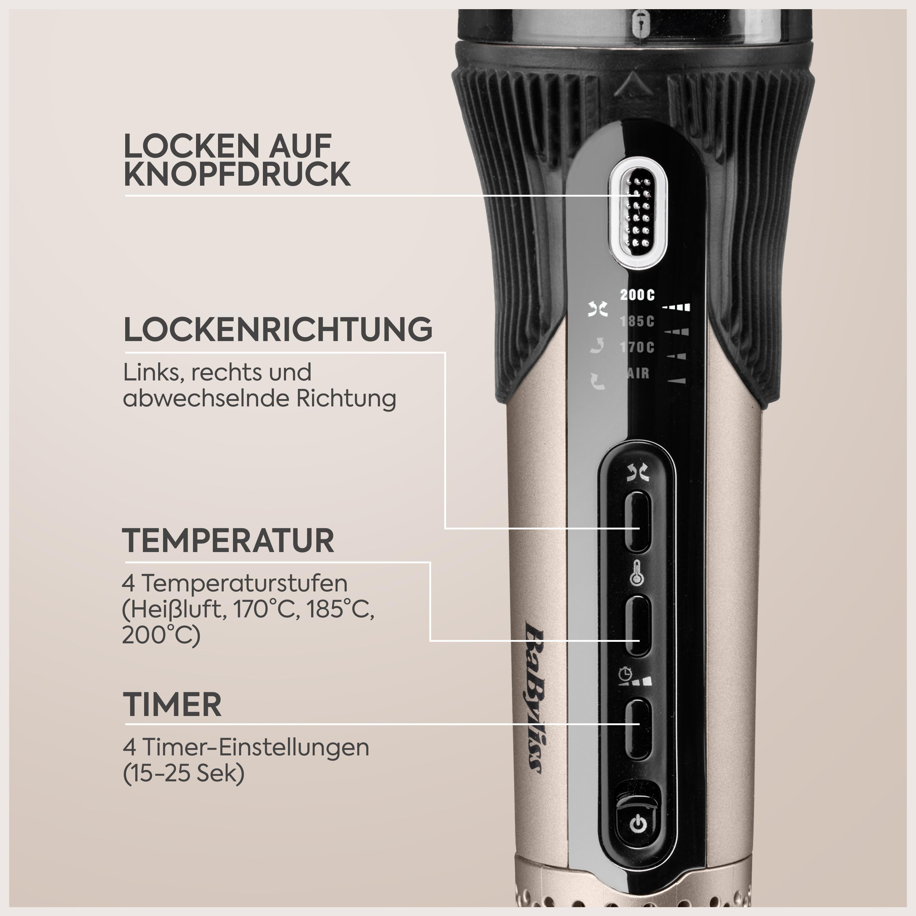 Babyliss Lockenstab mit Erklärungen zu Knöpfen, Richtung, Temperatur und Timer.