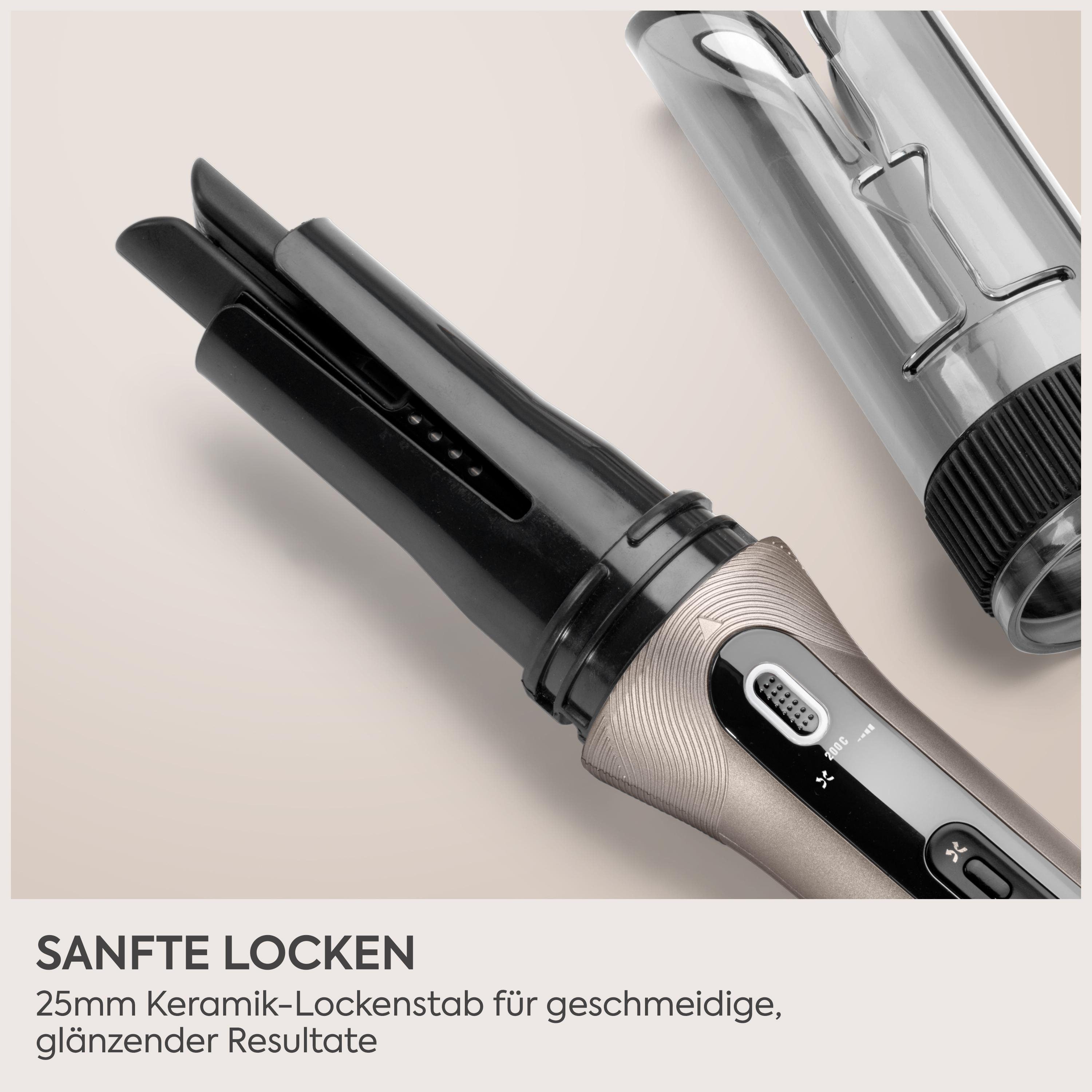 Ein roségoldener und schwarzer Lockenstab mit abnehmbarem transparenten Aufsatz vor hellem Hintergrund.