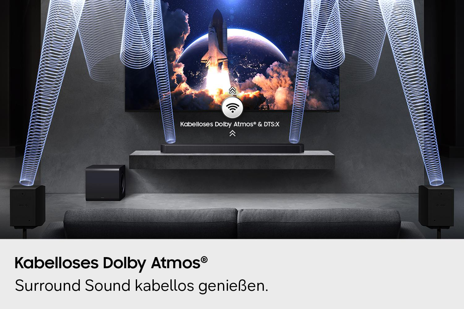 Wohnzimmer mit Soundbar, Lautsprechern und Subwoofer, die drahtlose Klangeffekte anzeigen.