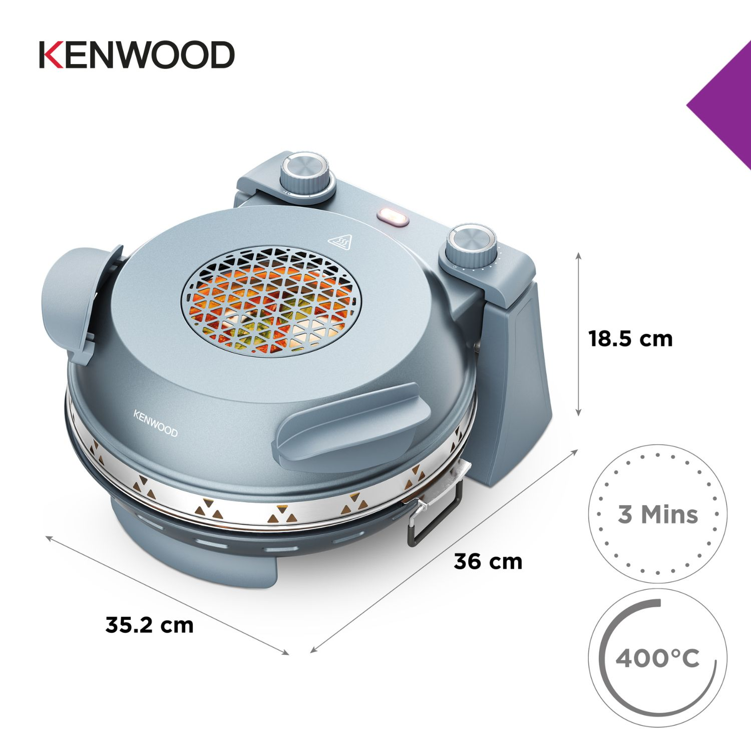 Horno de pizza gris Kenwood con dimensiones, tiempo de cocción y temperatura.