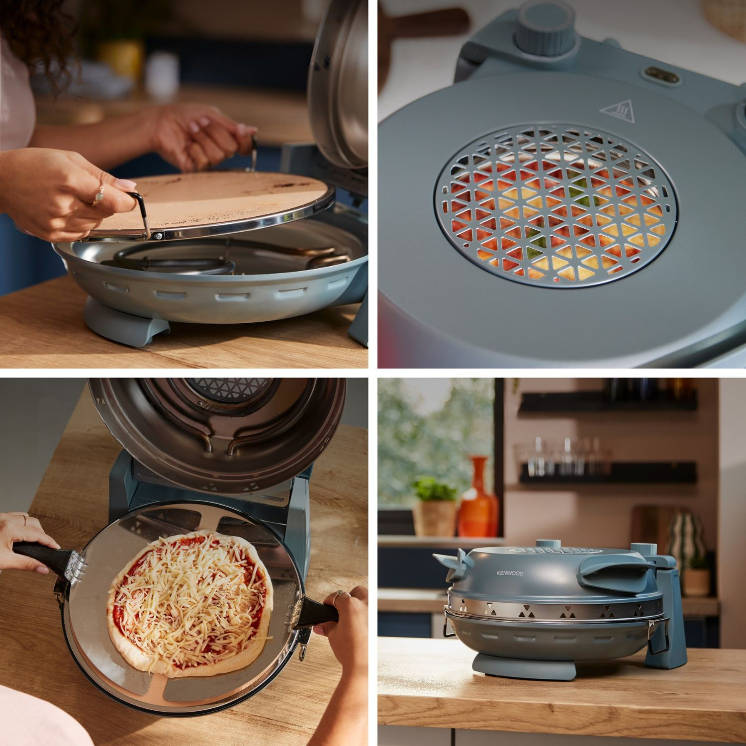 Cuatro imágenes muestran un horno de pizza Kenwood azul en uso, colocando la piedra y la pizza, y cerrado.