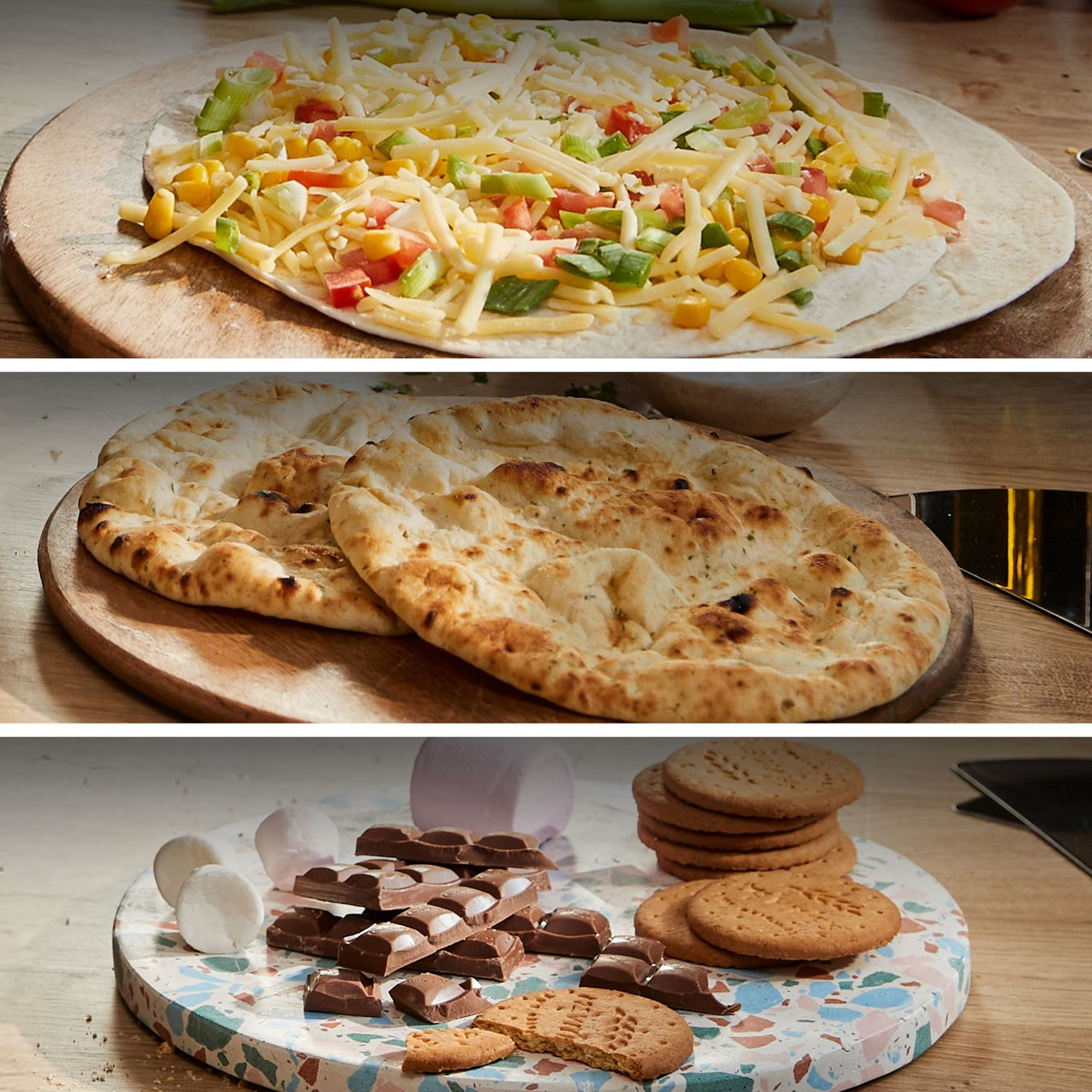 Tres paneles horizontales muestran una tortilla con toppings, pan plano horneado e ingredientes de s'mores.