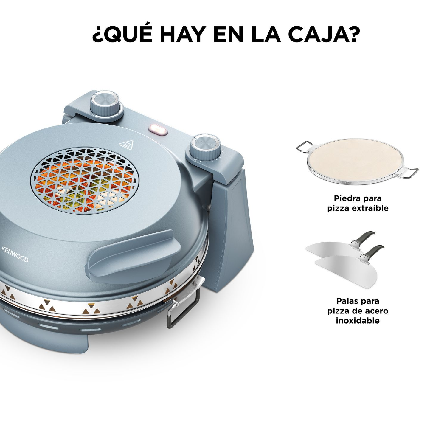 Horno de pizza Kenwood gris con piedra y palas de acero inoxidable.
