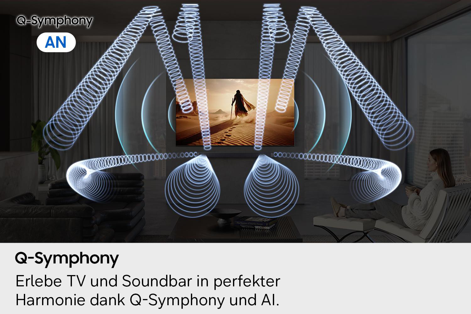 Eine Frau sitzt auf einem Stuhl vor einem TV, während visuelle Schallwellen im Raum dargestellt werden.