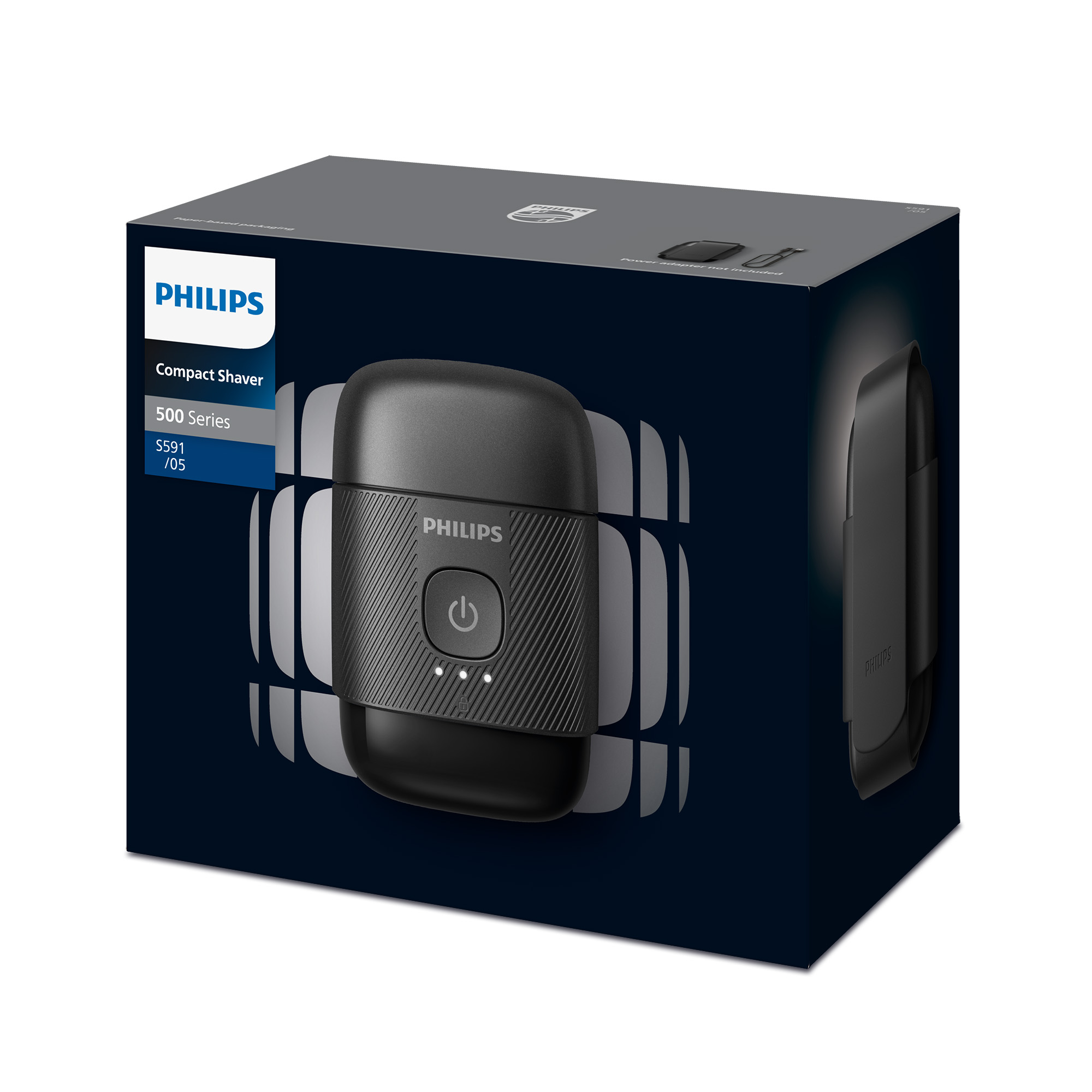 Una caja negra de afeitadora compacta Philips serie 500 con la afeitadora en la parte delantera.