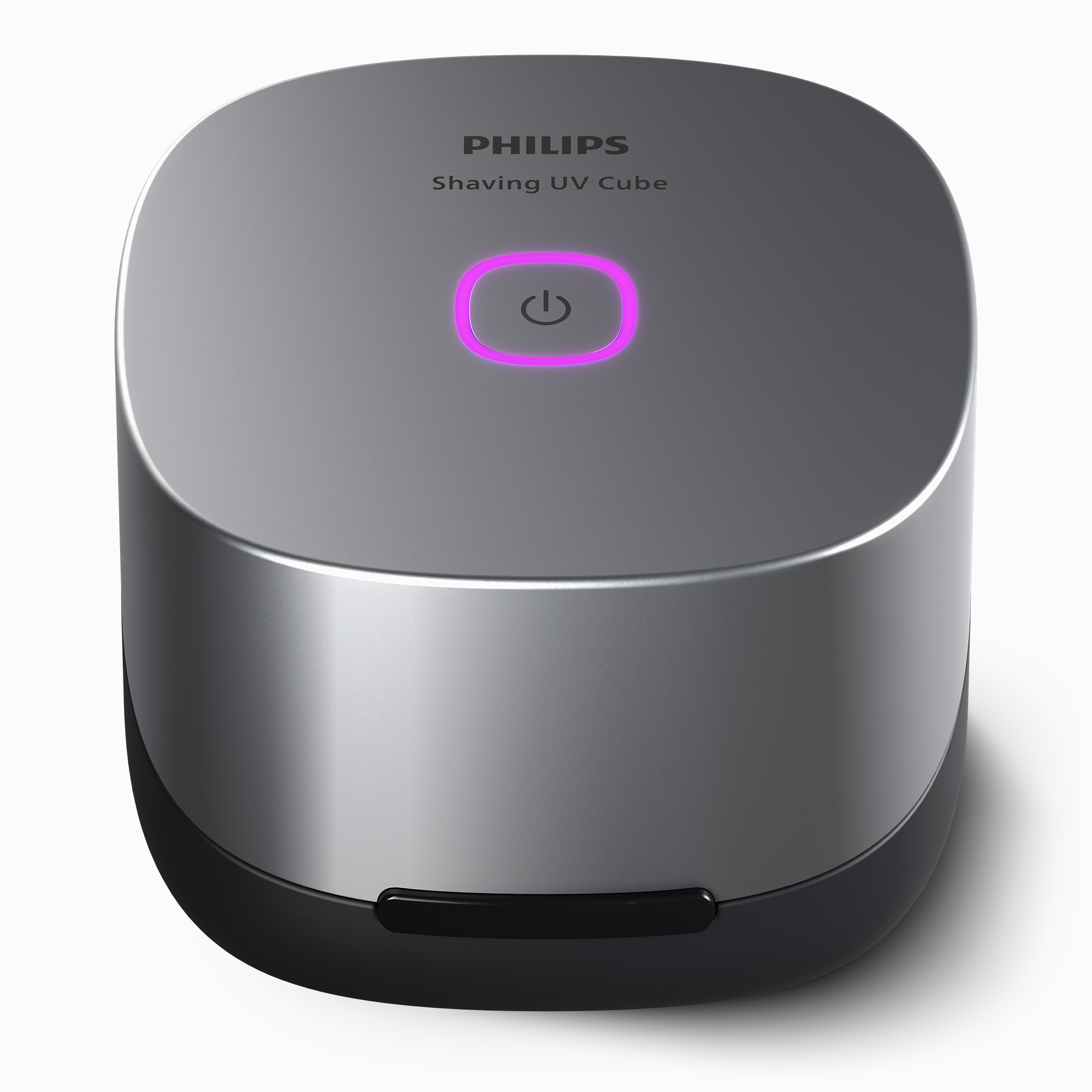 Cubo UV de afeitado Philips gris con botón de encendido morado brillante sobre fondo blanco.