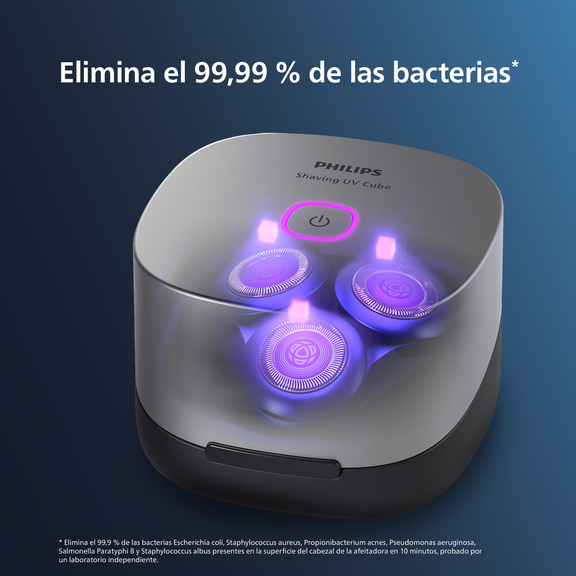 Philips Shaving UV Cube desinfectando cabezales con luz púrpura sobre fondo azul.