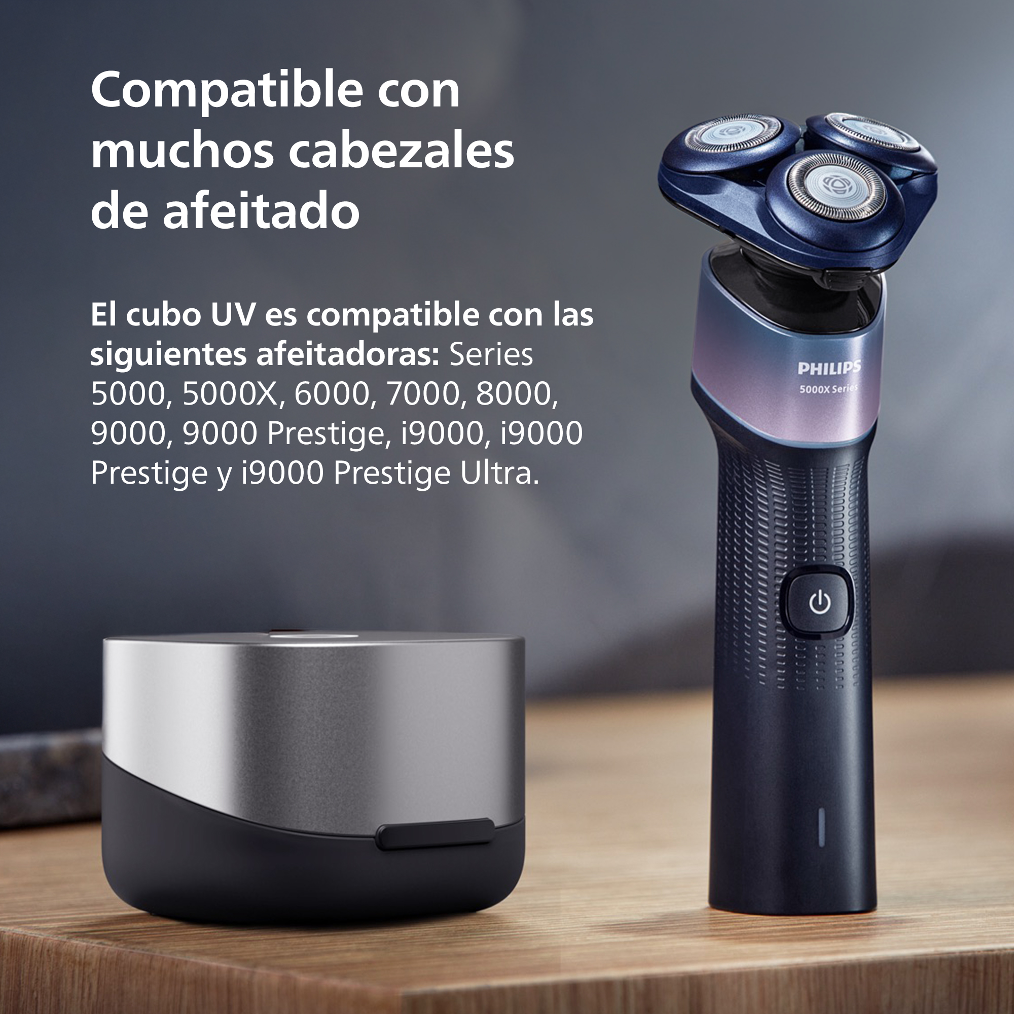 Afeitadora Philips y cubo UV sobre superficie de madera con texto.