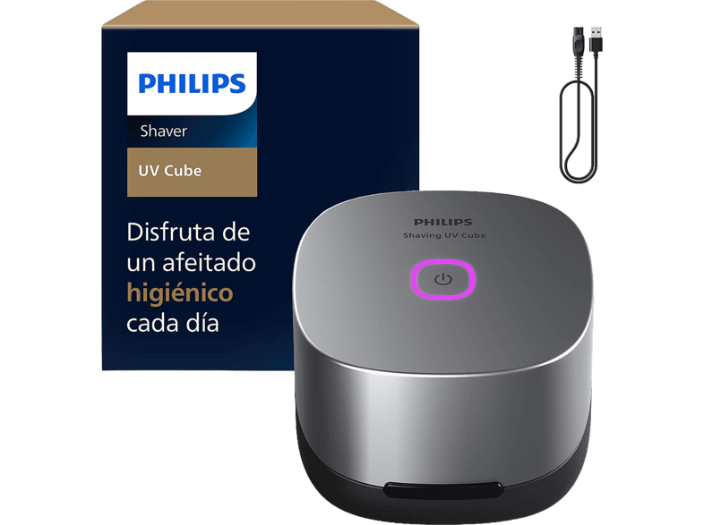 Accesorio afeitadora - Philips UVC10/00, Cubo UV-C, Elimina hasta el 99,9 % de las Bacterias, Compatible con Series 5000 a i9000, Plata