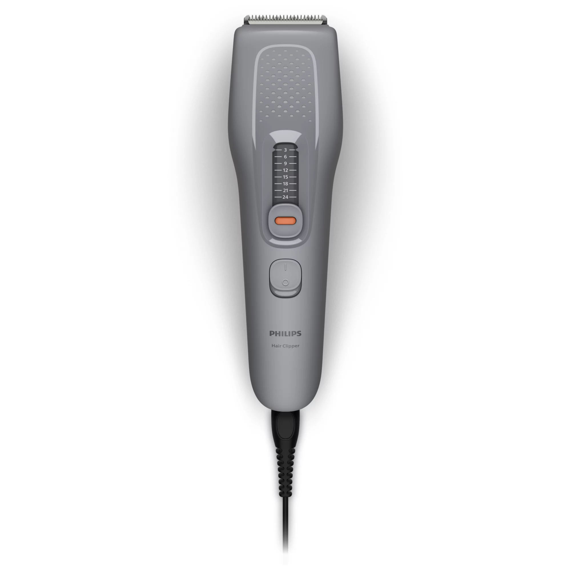 Cortapelos Philips gris con cable de alimentación y ajuste de longitud sobre fondo blanco.