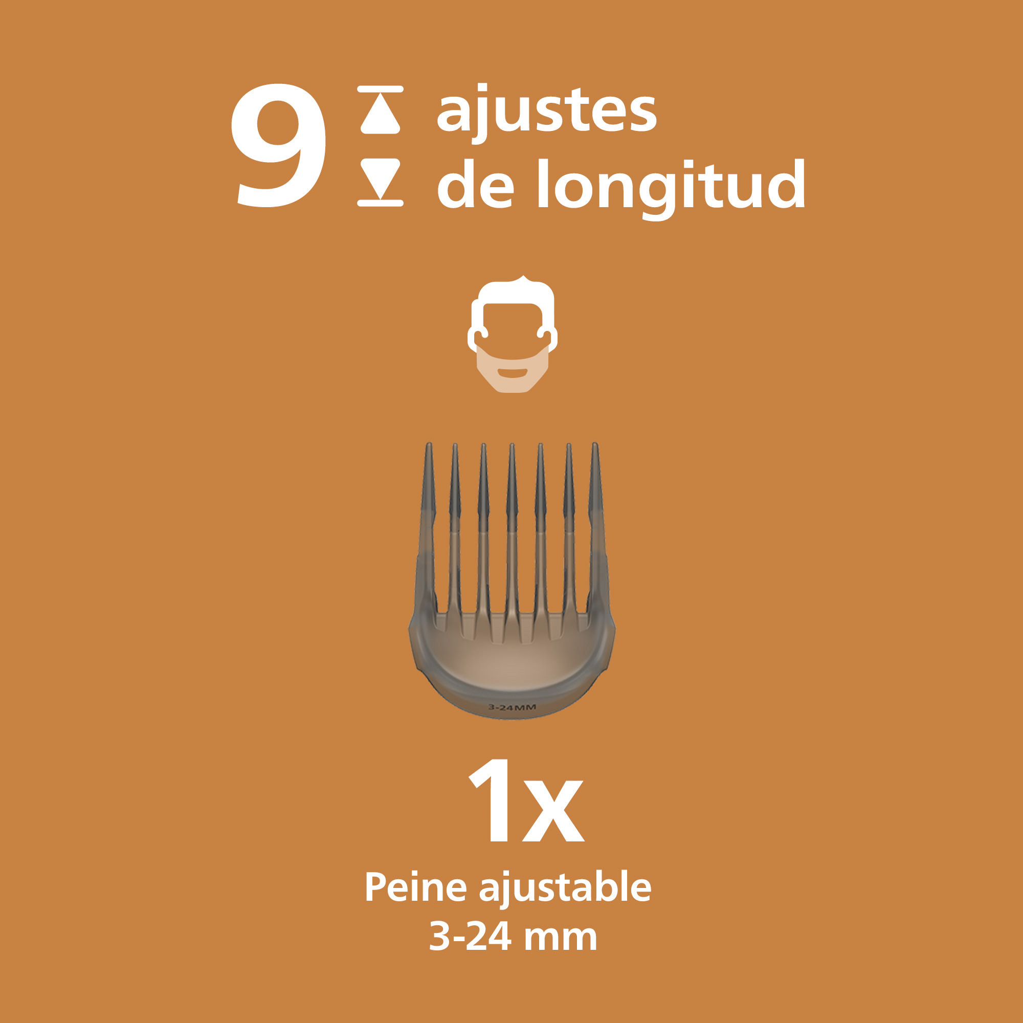 Un peine ajustable para barba con nueve ajustes de longitud de 3 a 24 mm sobre fondo naranja.