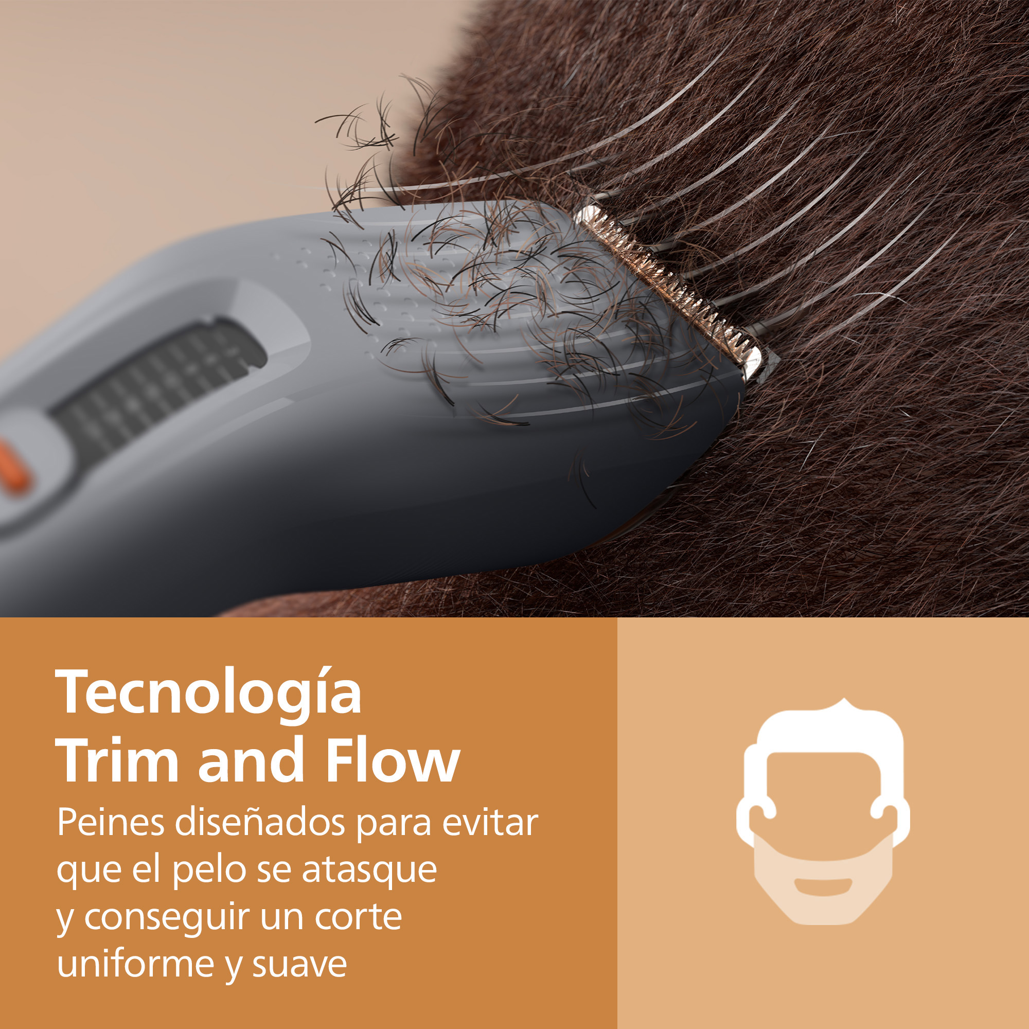 Recortador de pelo gris cortando pelo castaño denso, con texto Trim and Flow abajo.