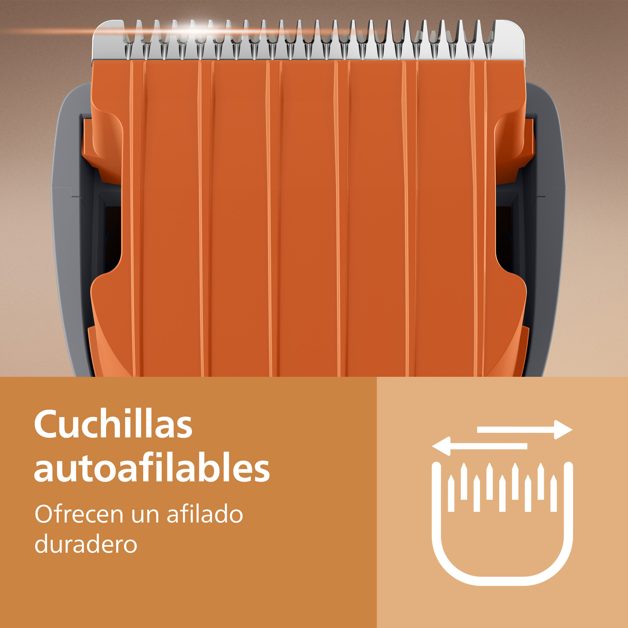 Primer plano de una cortapelos con cuchillas autoafilables y protector naranja.