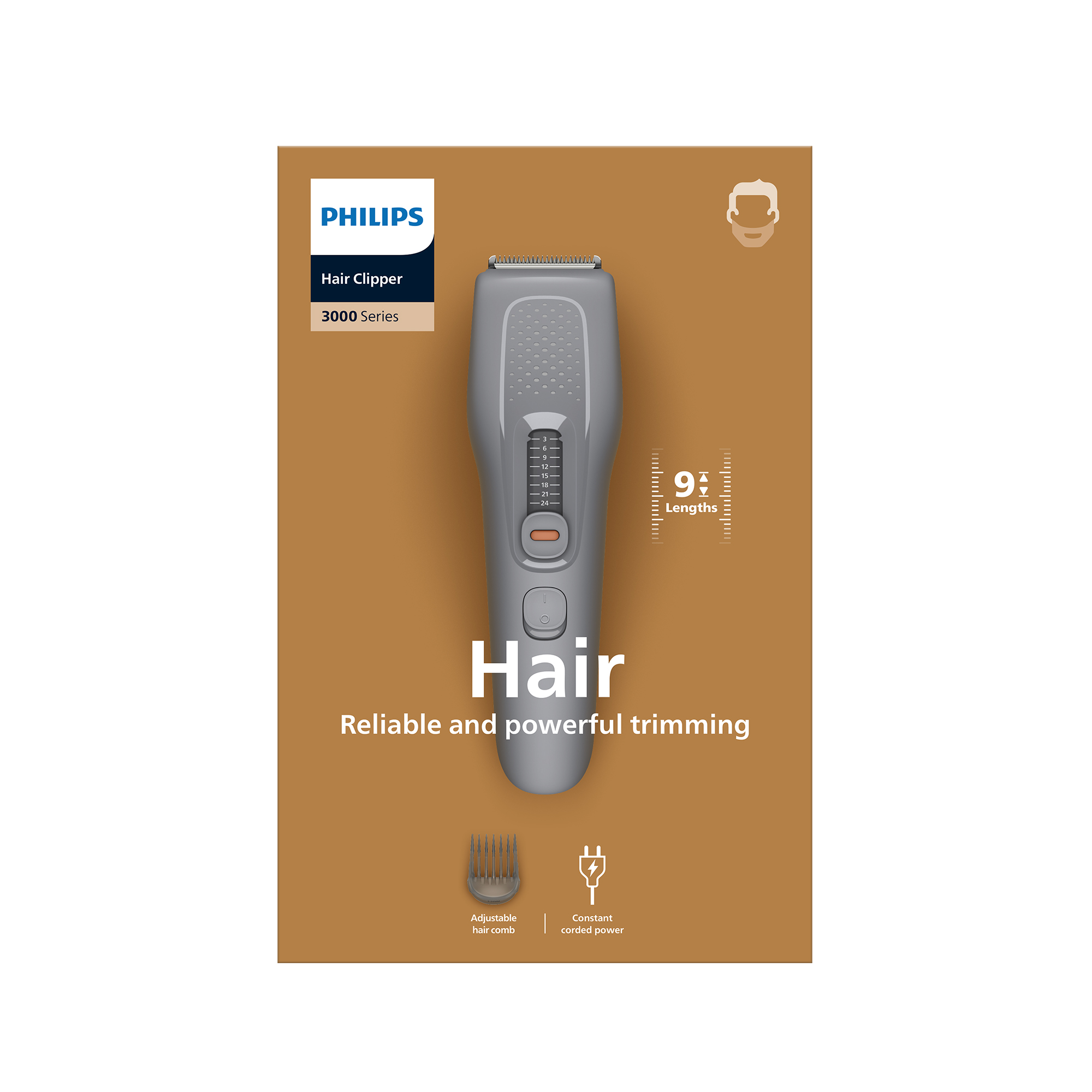Cortapelos Philips serie 3000 sobre embalaje marrón con peine ajustable y energía con cable.