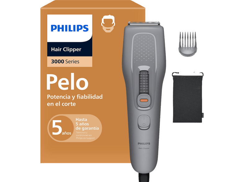 Cortapelos - Philips Series 3000 HC3723/15, 9 Longitudes, Cuchillas de Acero Autoafilables, Peine Antiatascos Trim-and-Flow, Uso con Cable, Gris