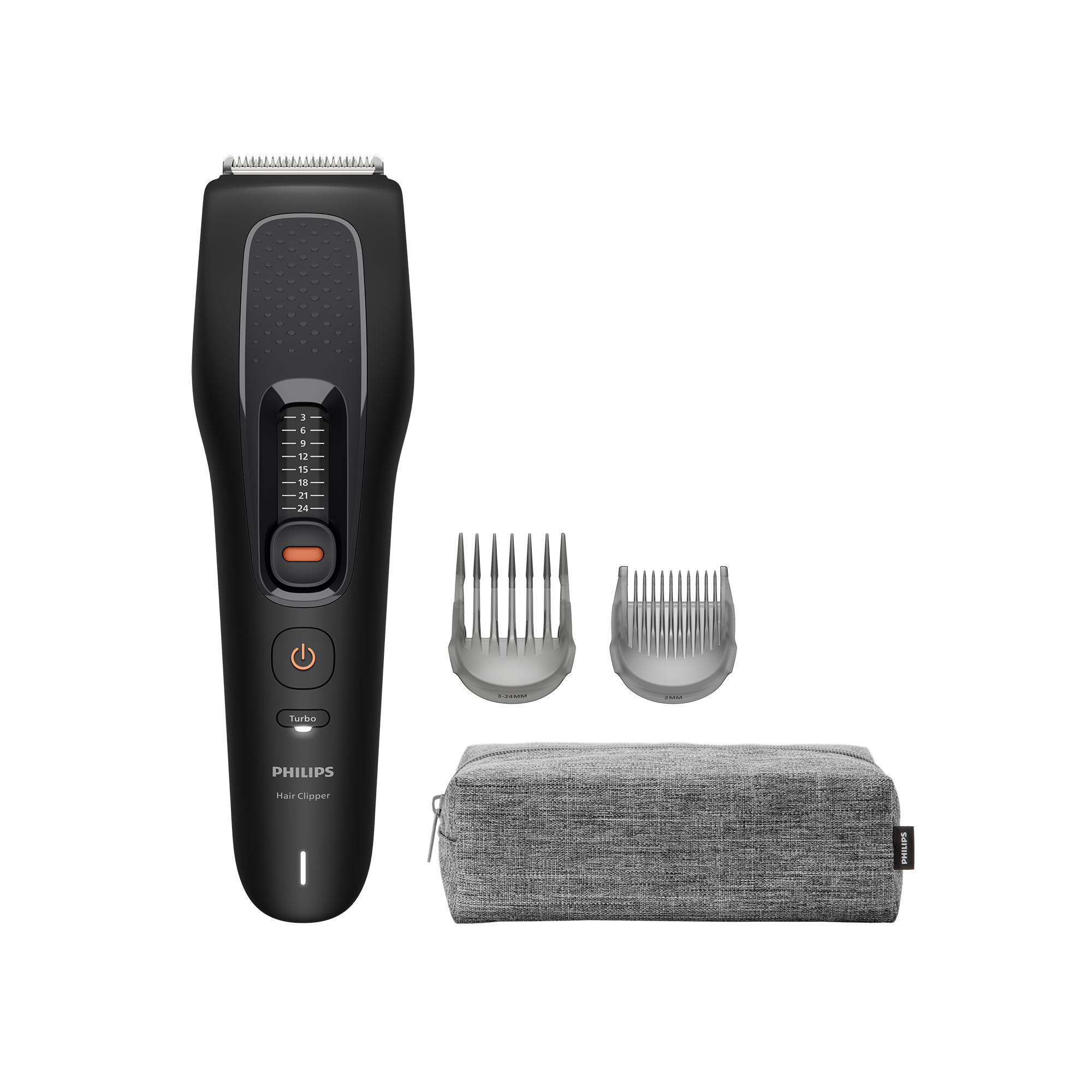 Un cortapelos Philips negro con dos peines guía y un estuche gris sobre fondo blanco.