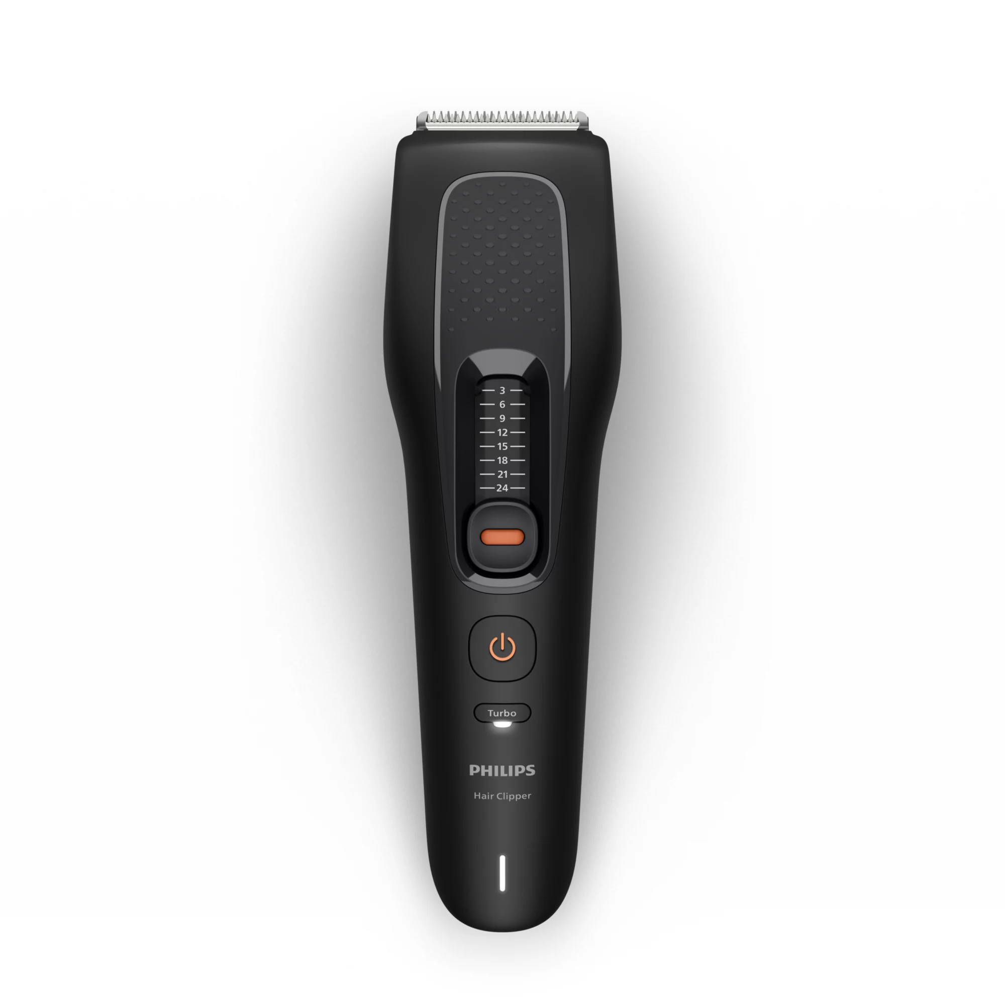 Cortapelos Philips negro con escala de longitud sobre fondo blanco.
