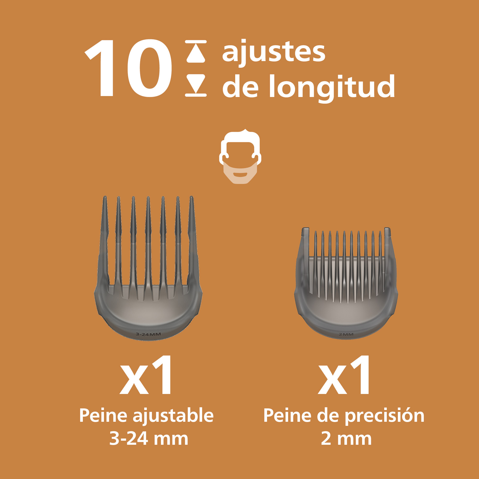 Gráfico con dos peines guía: un peine ajustable de 3-24 mm y un peine de precisión de 2 mm sobre fondo marrón.