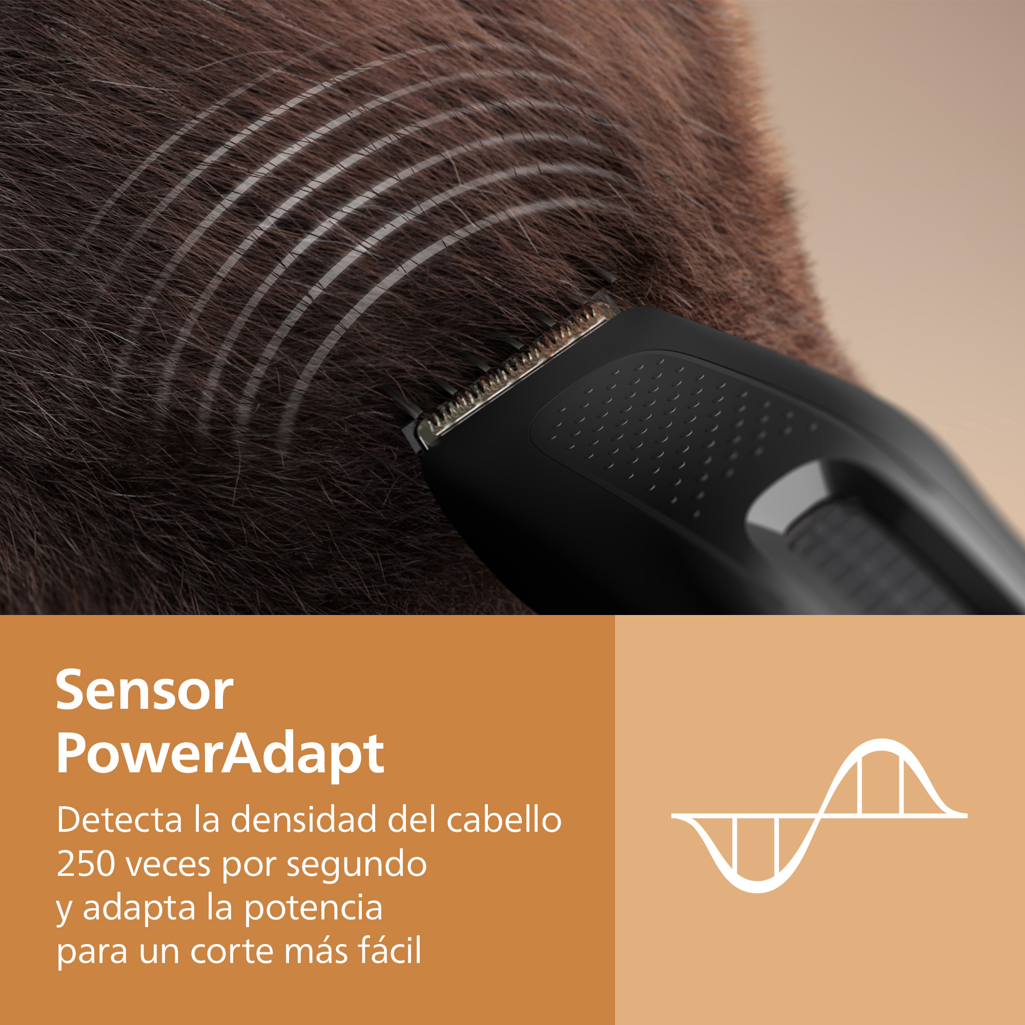 Cortapelos afeitando cabello castaño denso, con gráfico de sensores abajo.