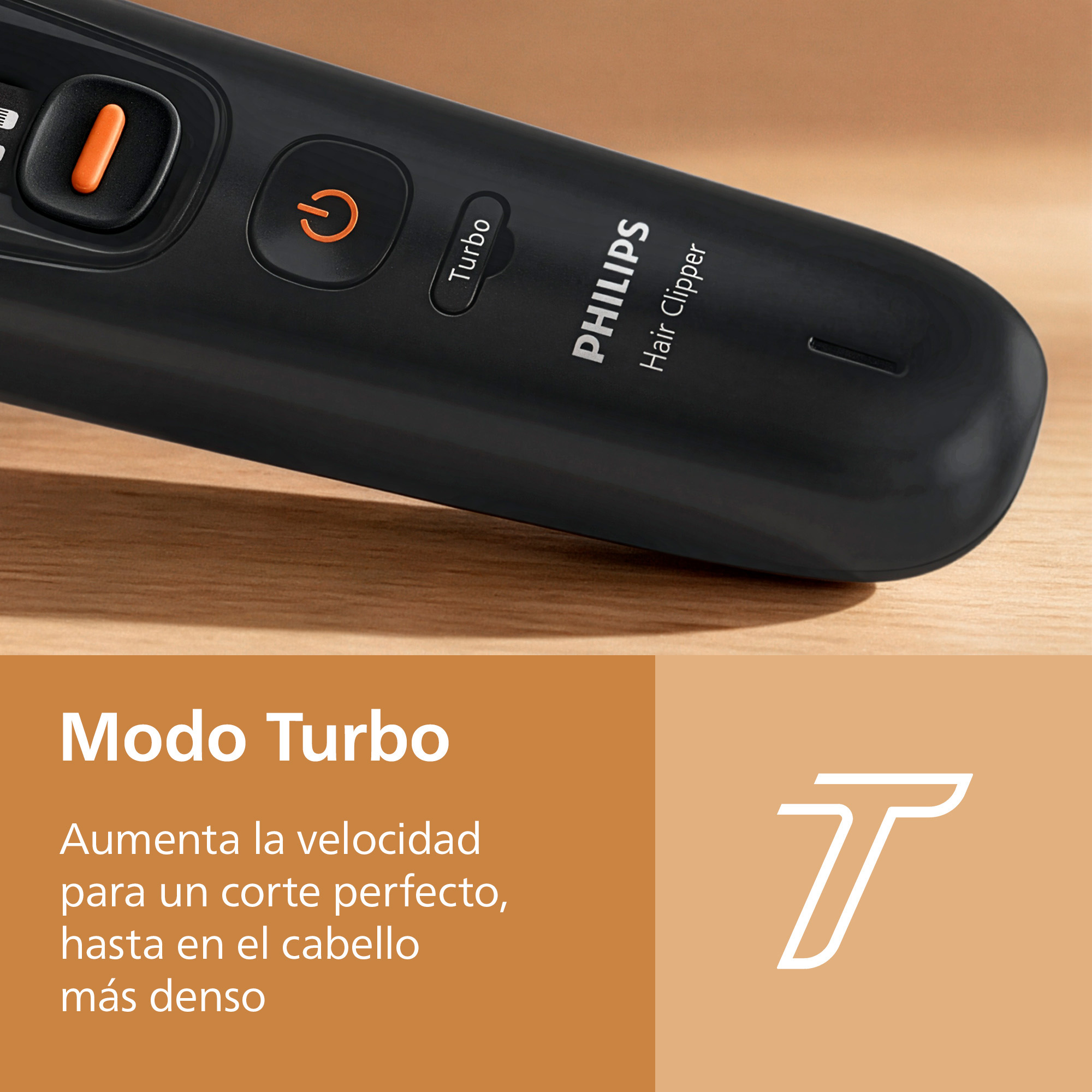 Cortapelos Philips negro con botón de encendido naranja sobre superficie de madera y texto.