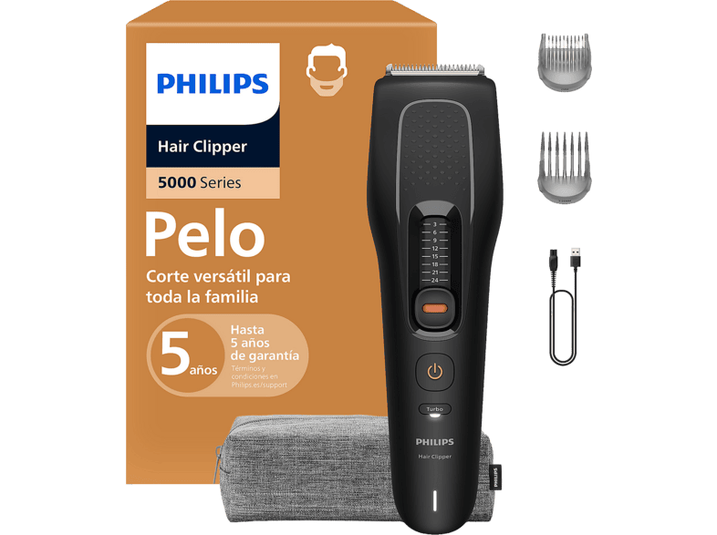 Cortapelos - Philips Series 5000 HC5721/15, 10 Longitudes, 75 min, Cuchillas de Acero Autoafilables, PowerAdapt, Peine Antiatascos Trim-and-Flow