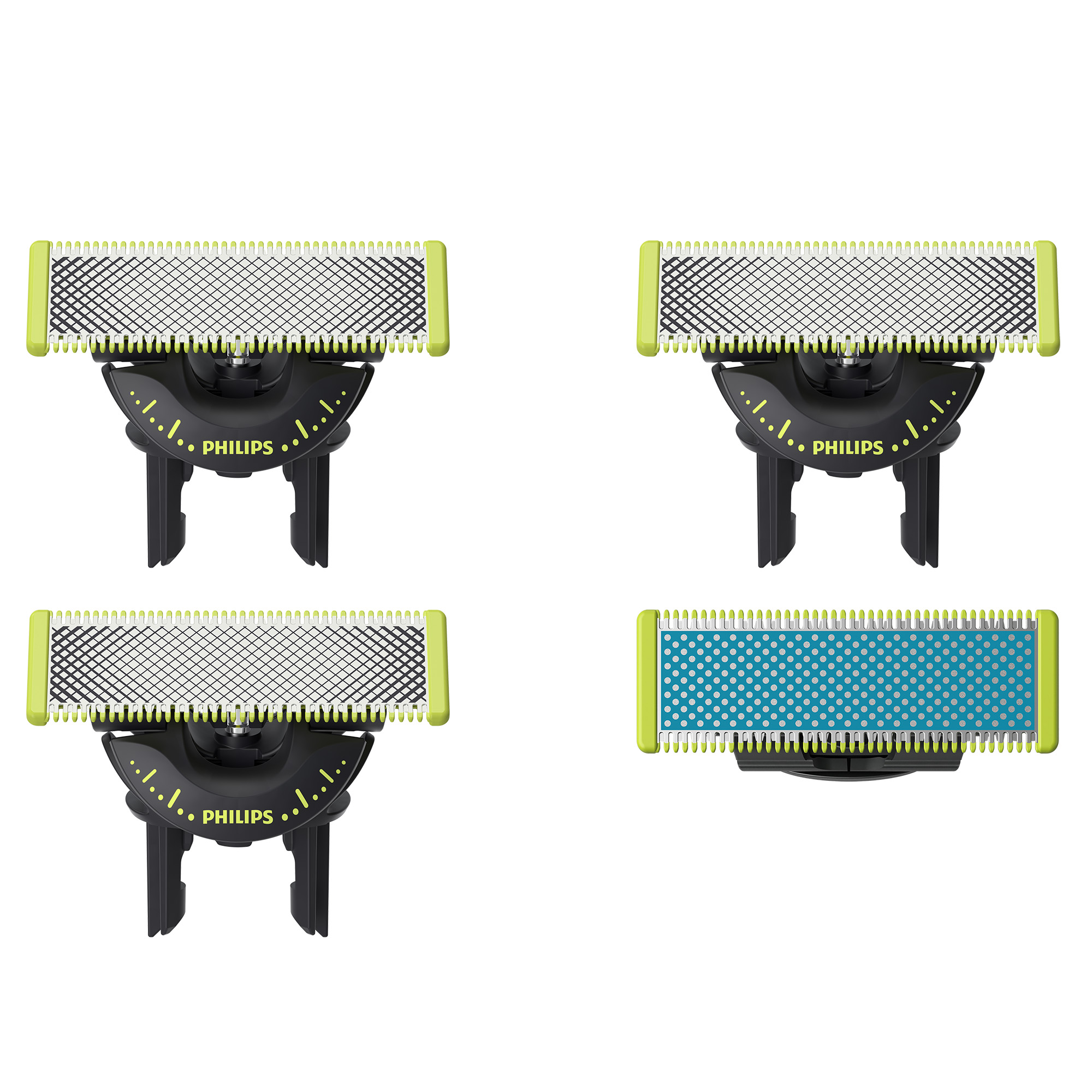 Cuatro accesorios de cuchilla de afeitar Philips mostrados en diferentes ángulos y colores sobre fondo blanco.