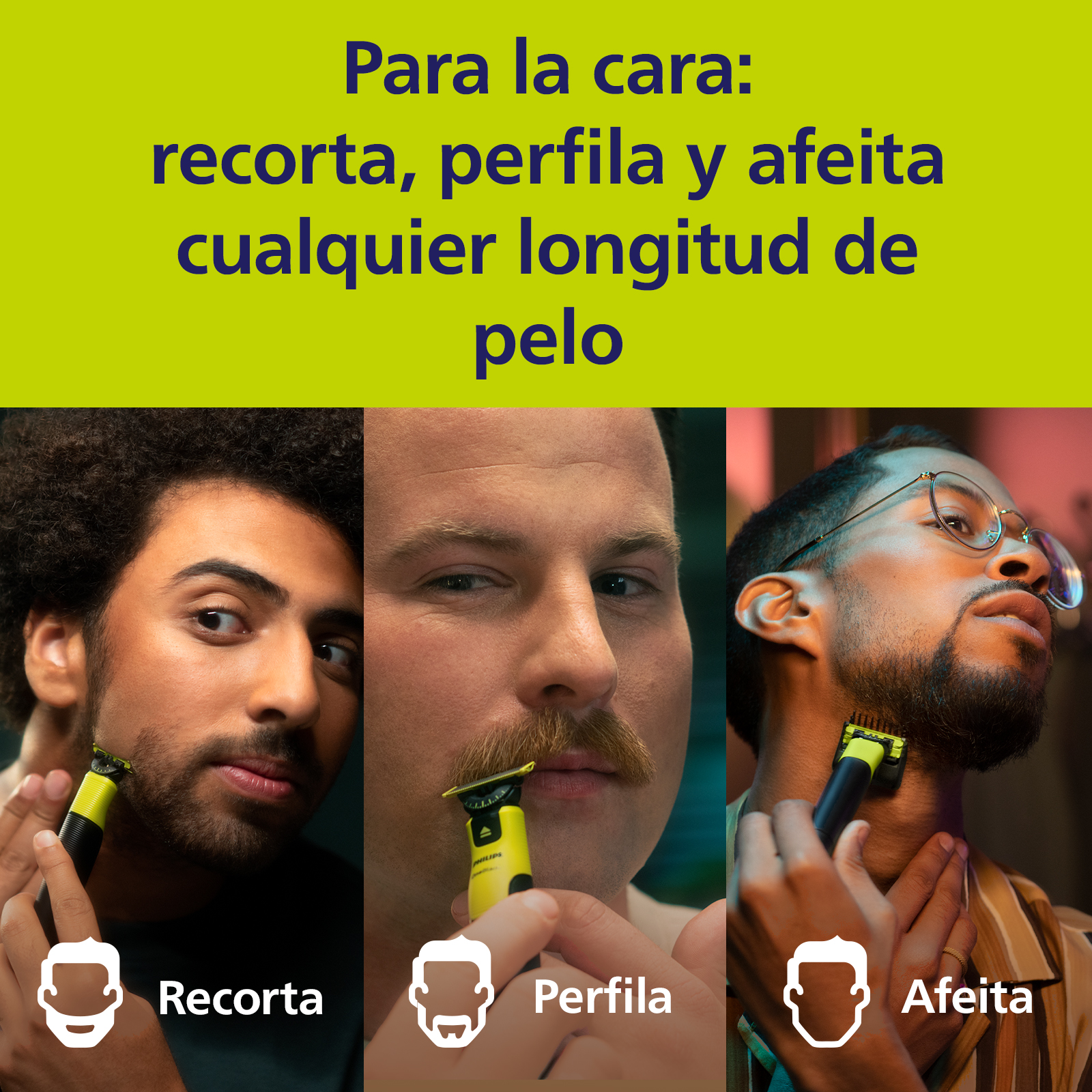 Tres hombres muestran el afeitado facial con un recortador verde para recortar, perfilar y afeitar.