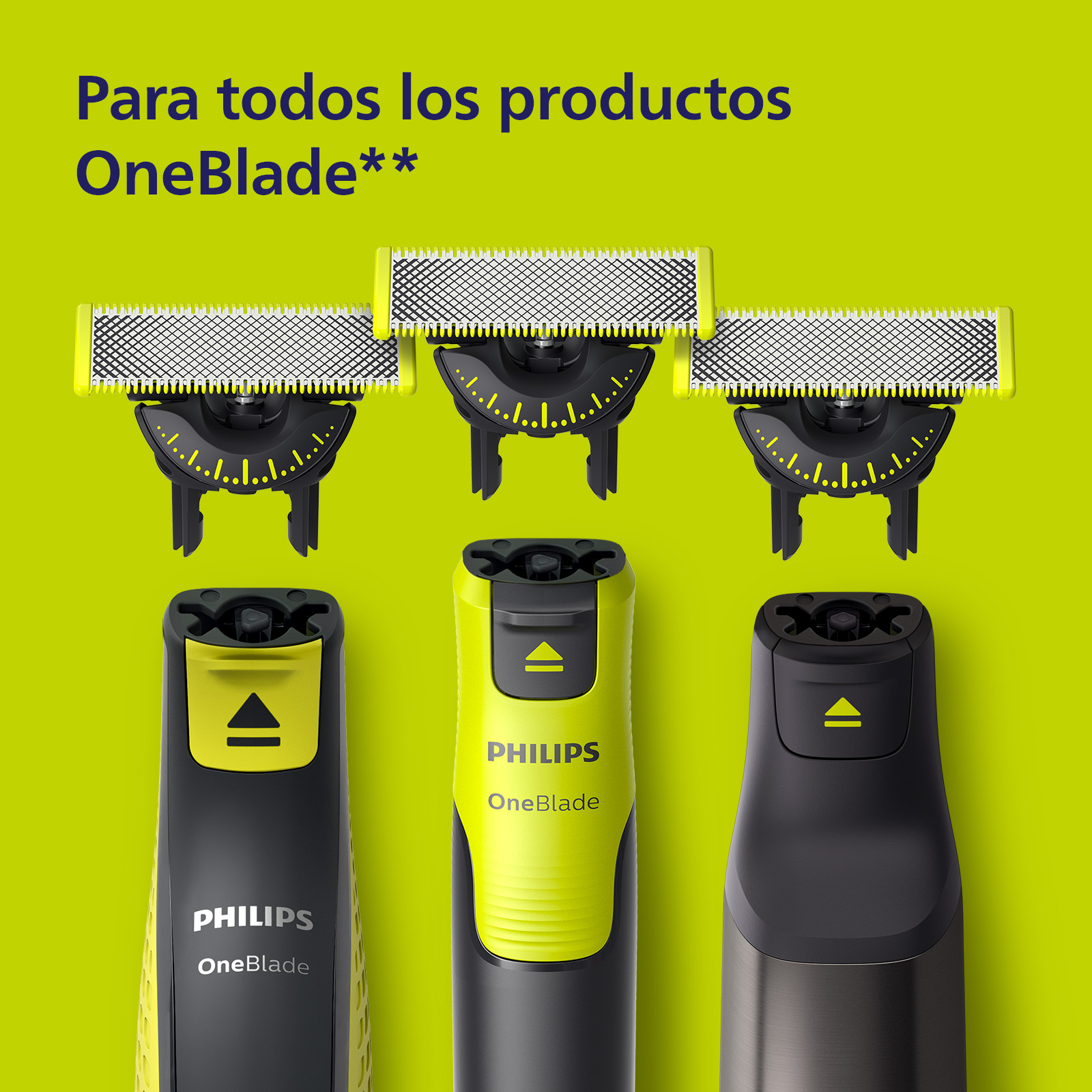 Tres mangos y cuchillas Philips OneBlade sobre fondo amarillo.