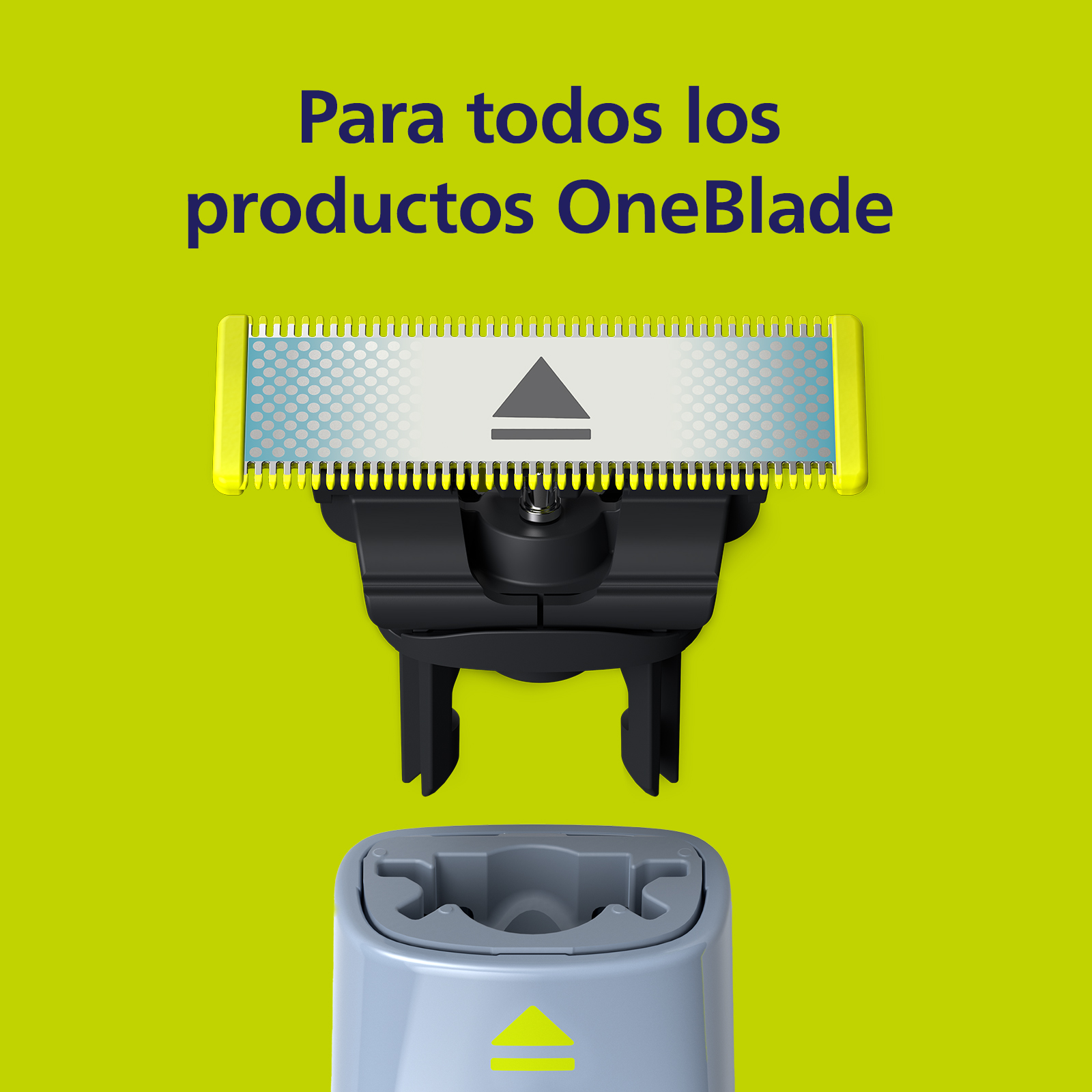 Un cabezal de afeitadora OneBlade sobre su mango en un fondo verde lima con texto en español.