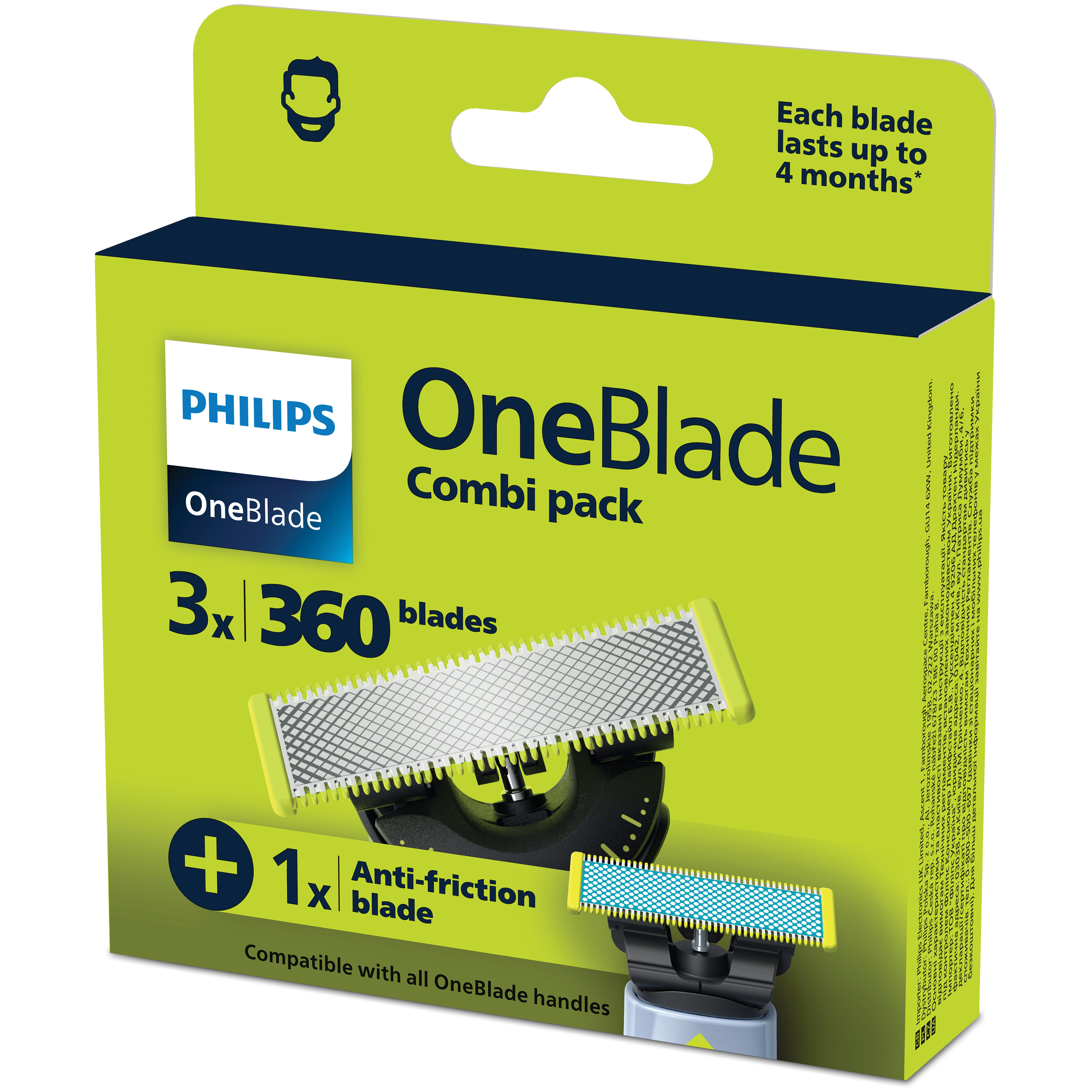 Caja verde Philips OneBlade Combi pack con tres cuchillas 360 y una cuchilla antifricción.