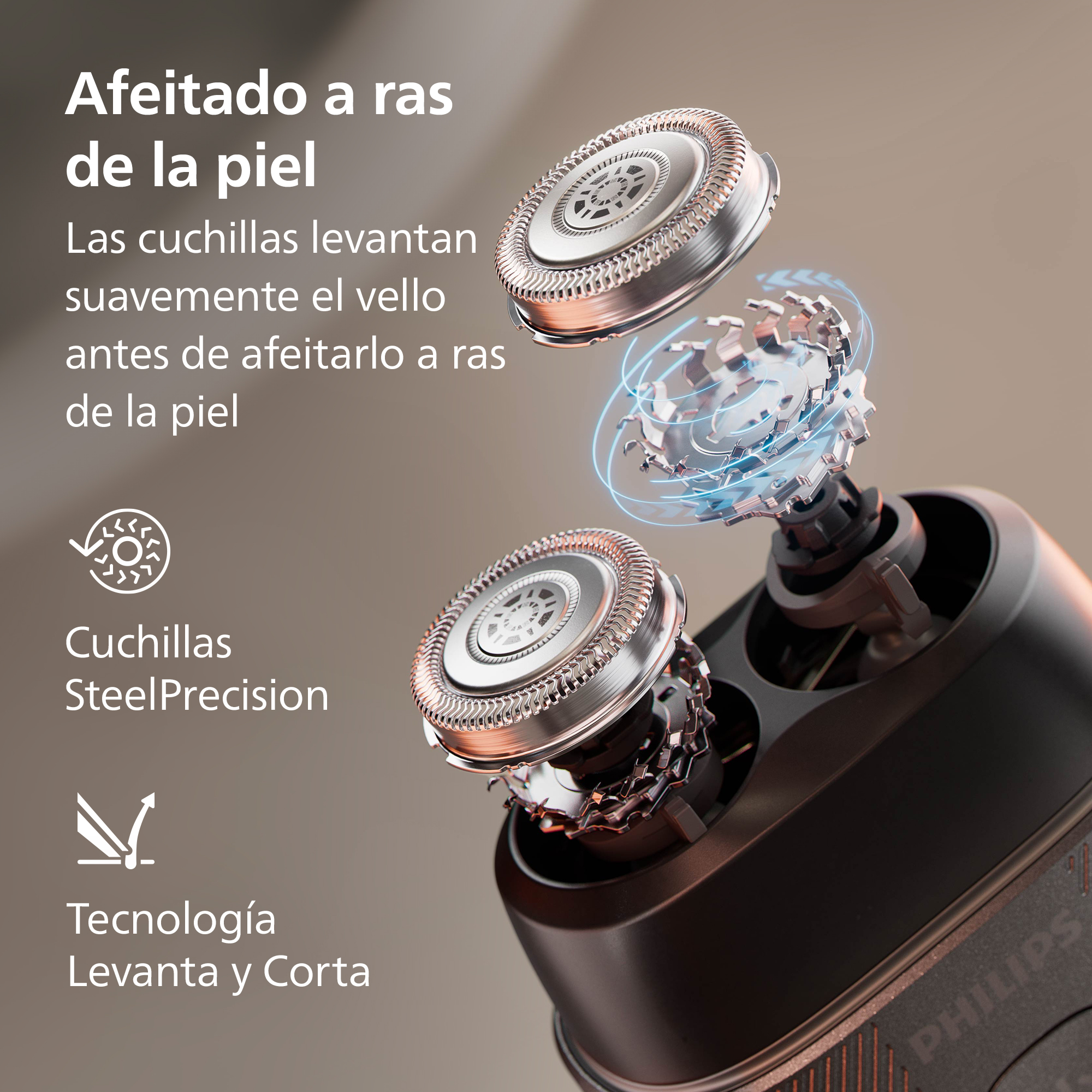 Vista explosionada de cabezales de afeitadora Philips con cuchillas precisas y tecnología levanta y corta.