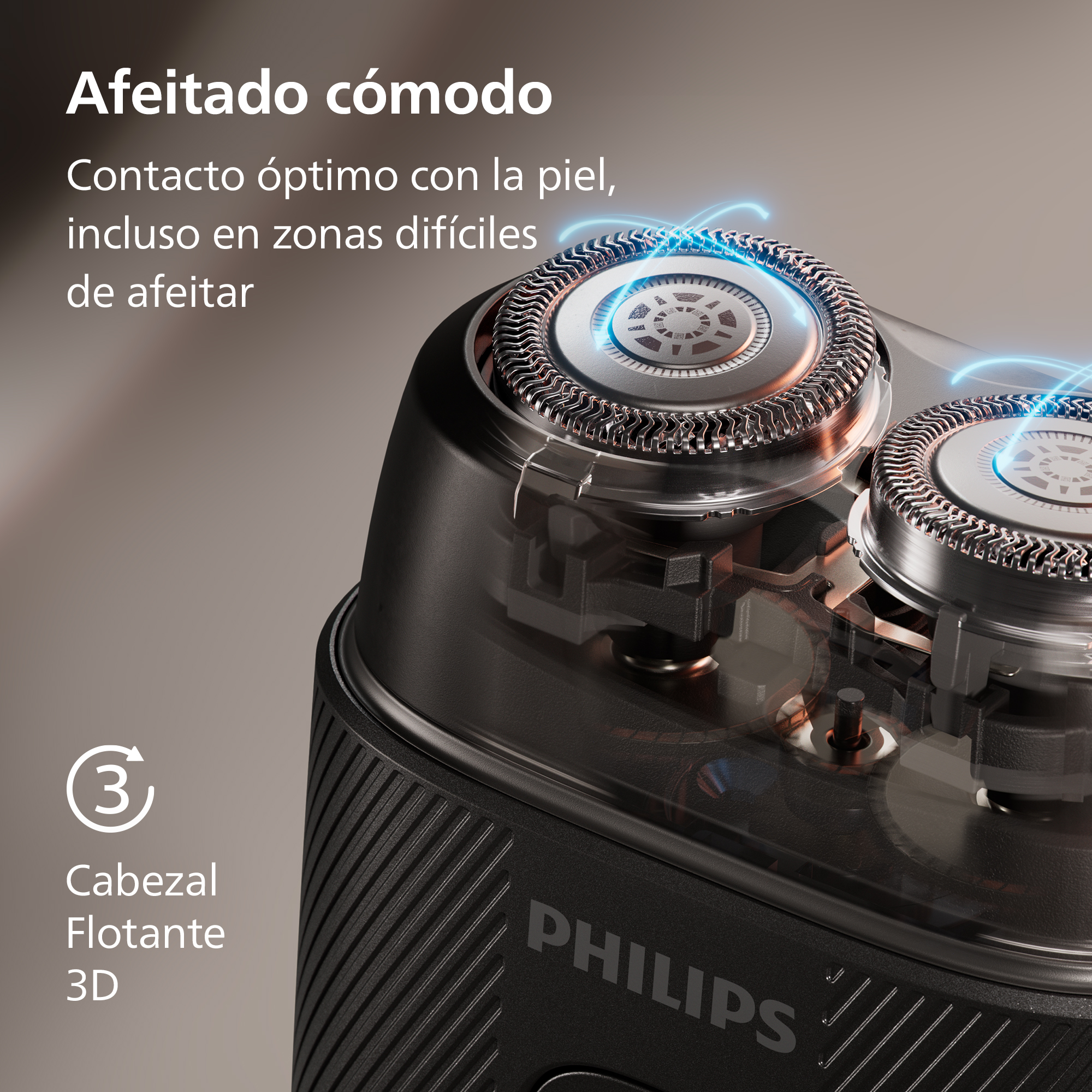 Primer plano de una afeitadora Philips con cabezales flexibles y texto en español.
