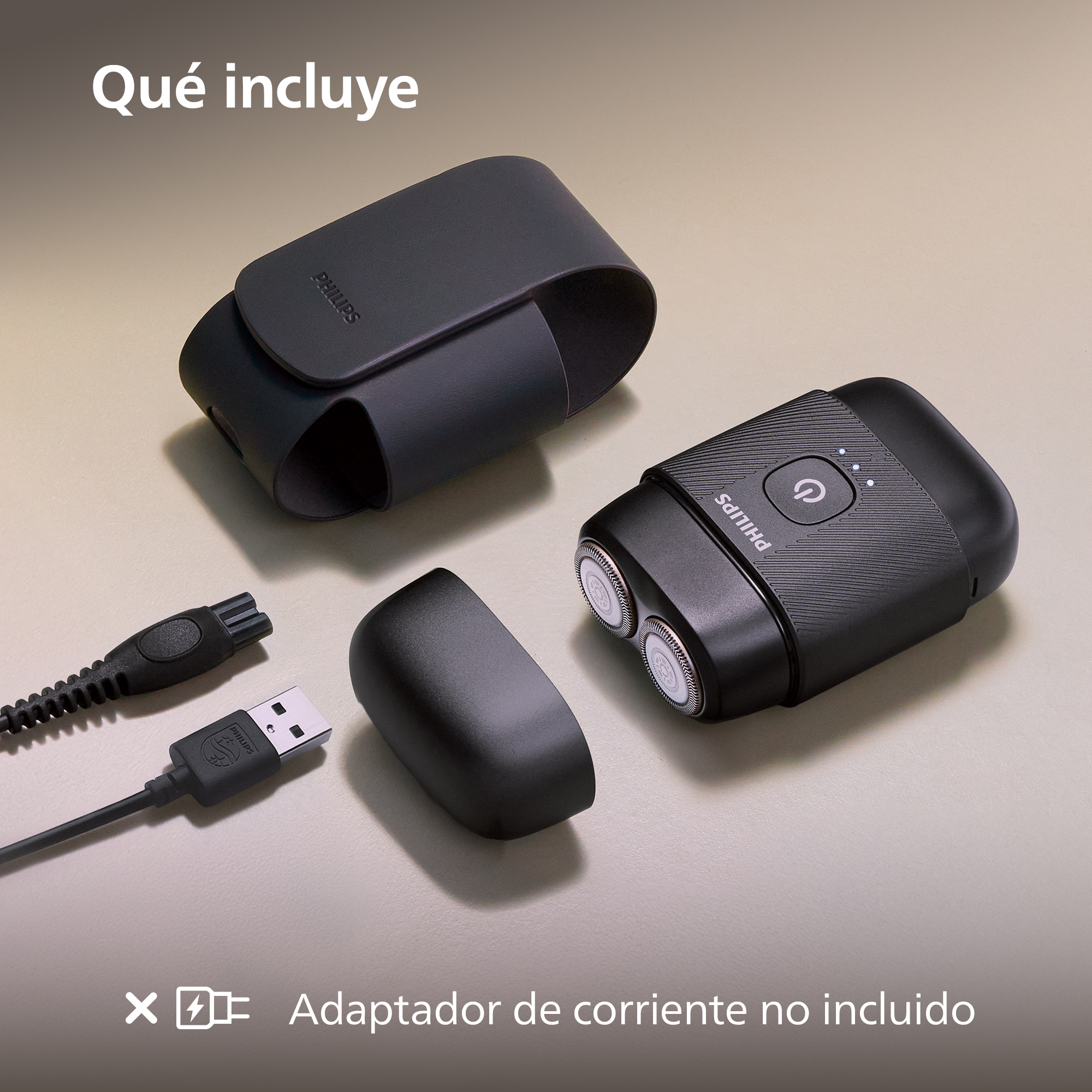 Afeitadora Philips con estuche, tapa protectora y cable de carga sobre fondo beige.