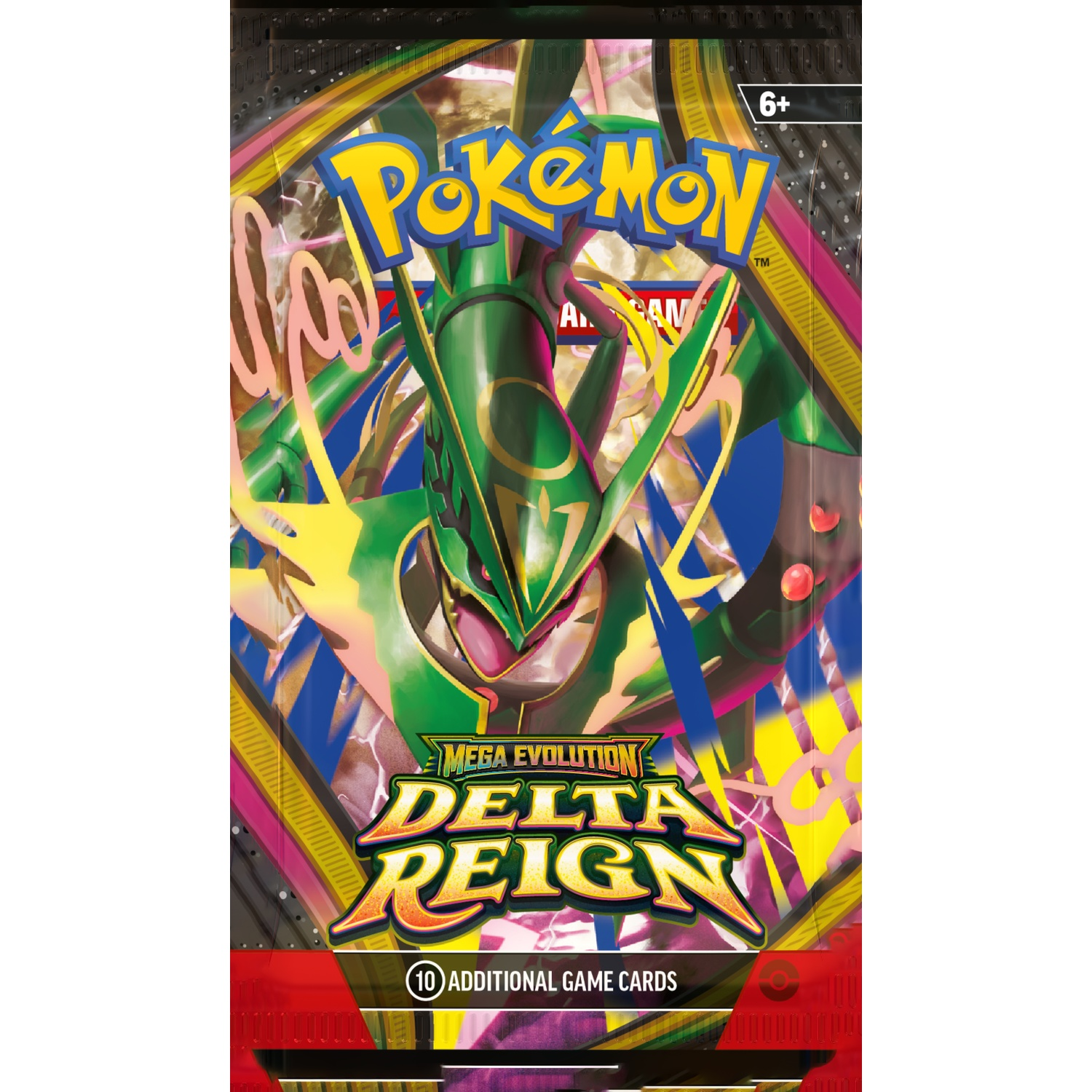 Een Pokémon Delta Reign boosterpack met de groene draak Rayquaza op de voorkant.